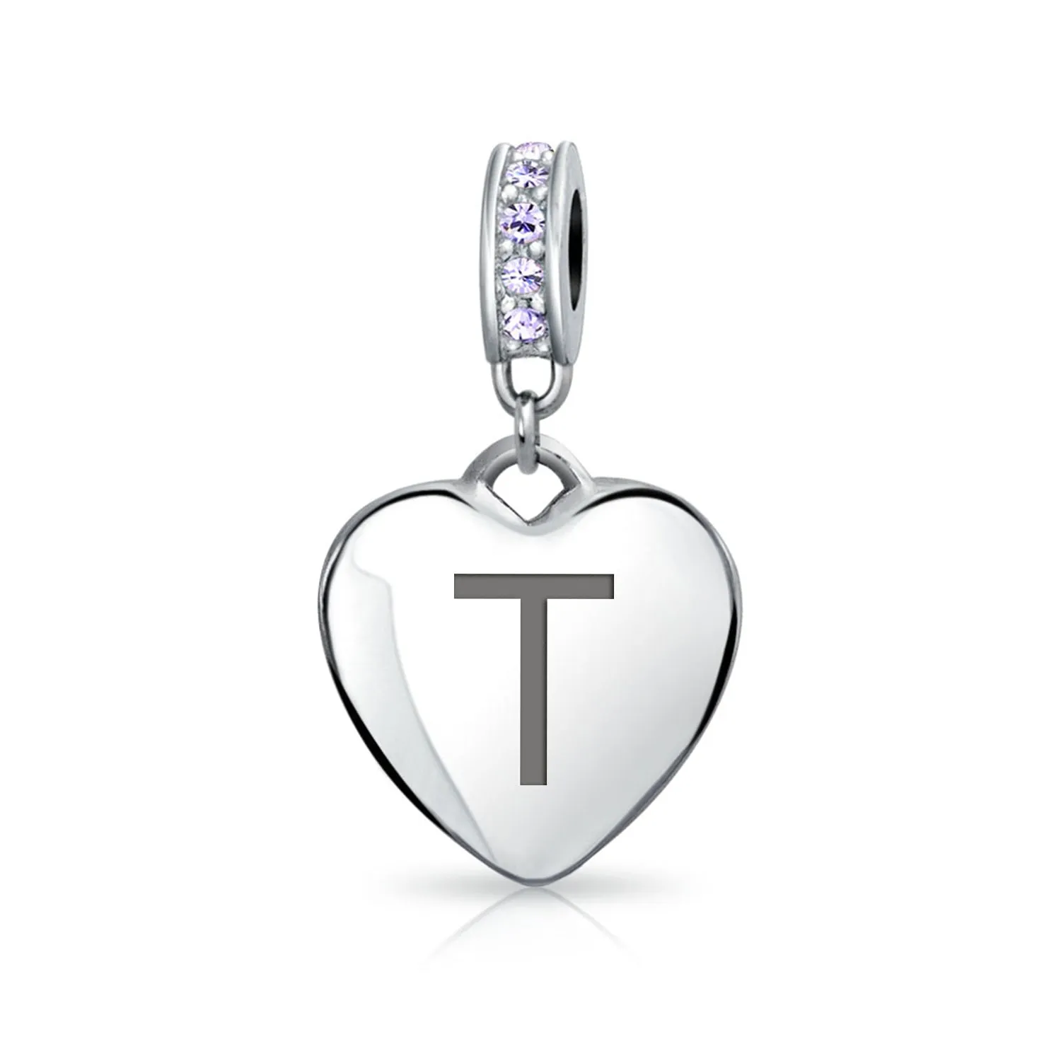 Heart Dangle Bead Charm Crystal Purple Month June Sterling Silver