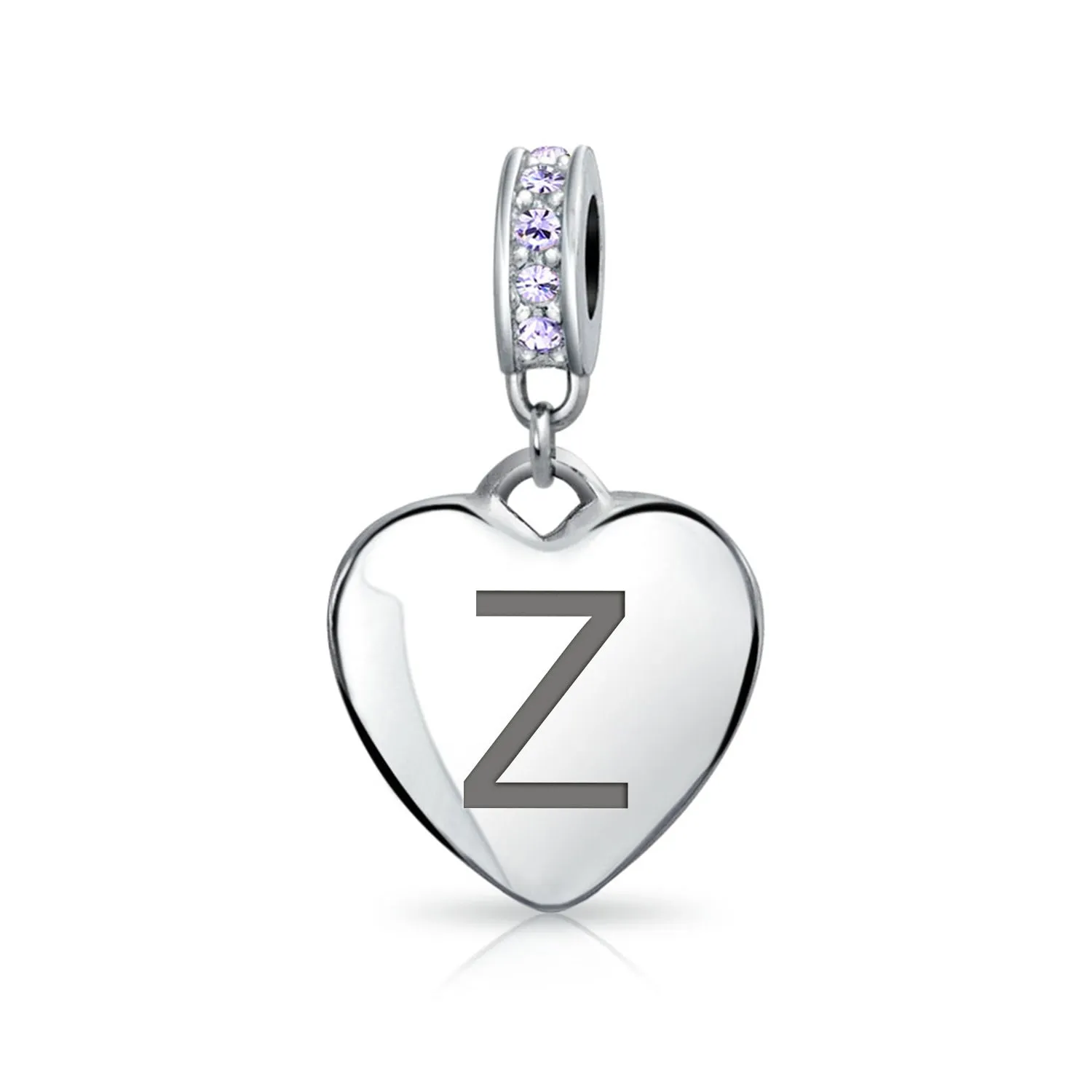 Heart Dangle Bead Charm Crystal Purple Month June Sterling Silver
