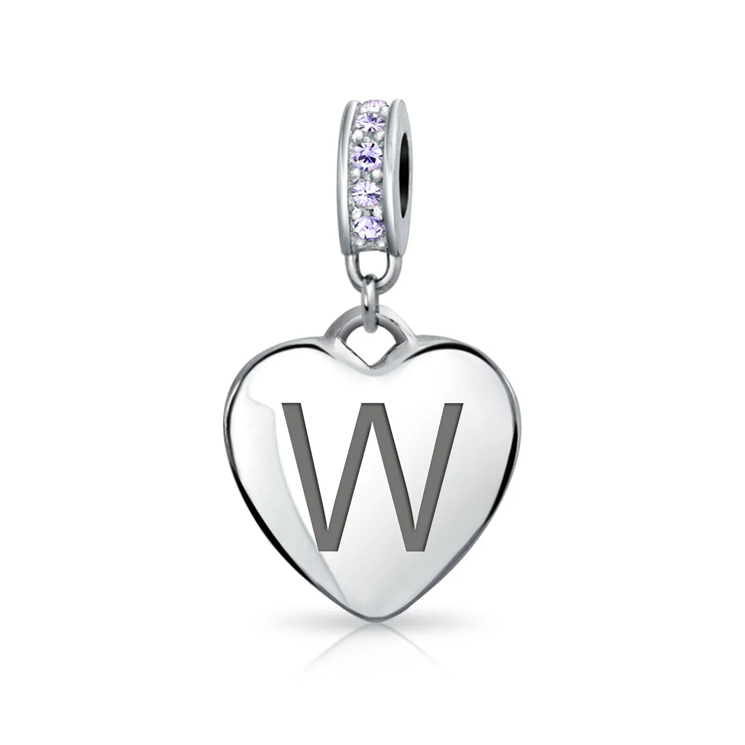 Heart Dangle Bead Charm Crystal Purple Month June Sterling Silver