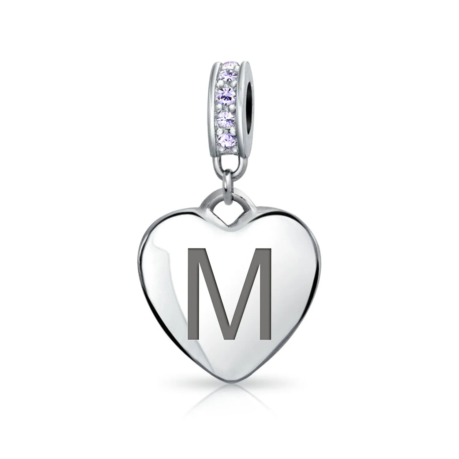 Heart Dangle Bead Charm Crystal Purple Month June Sterling Silver