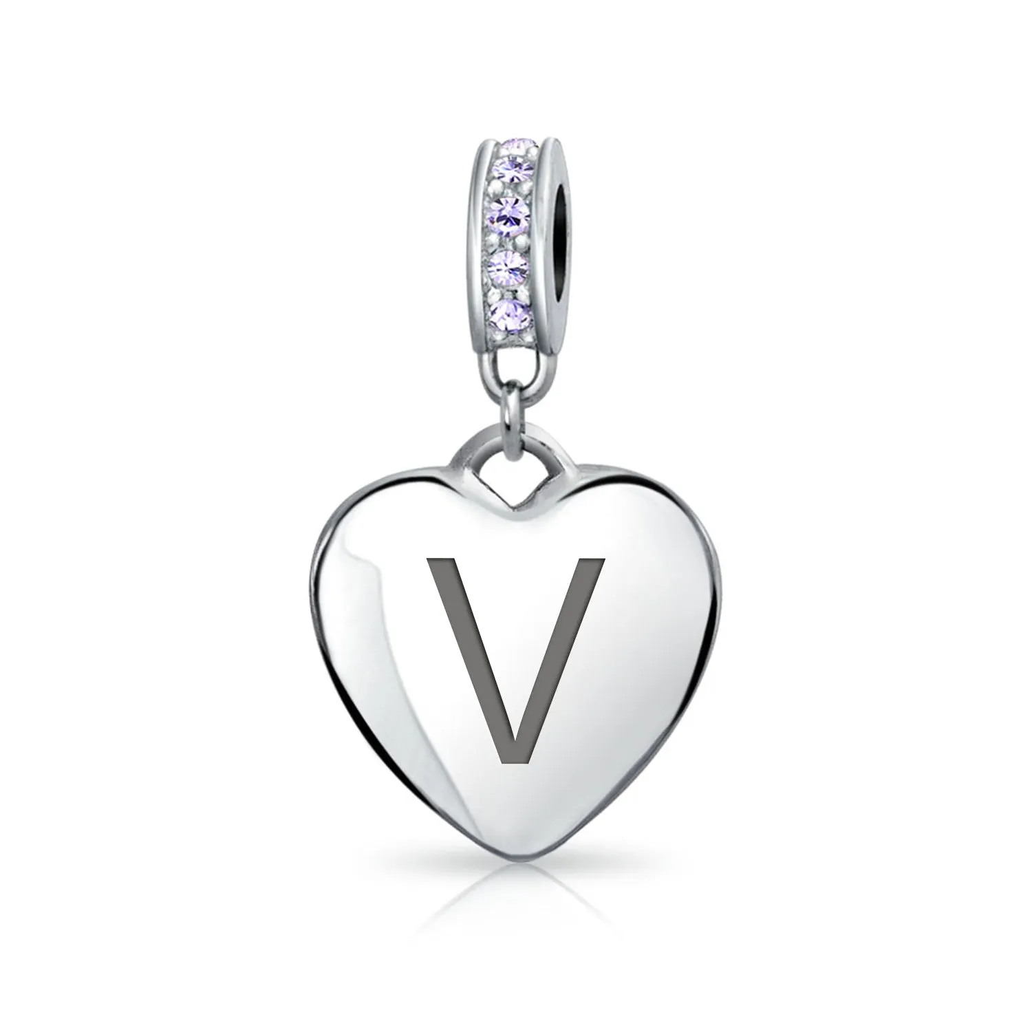 Heart Dangle Bead Charm Crystal Purple Month June Sterling Silver