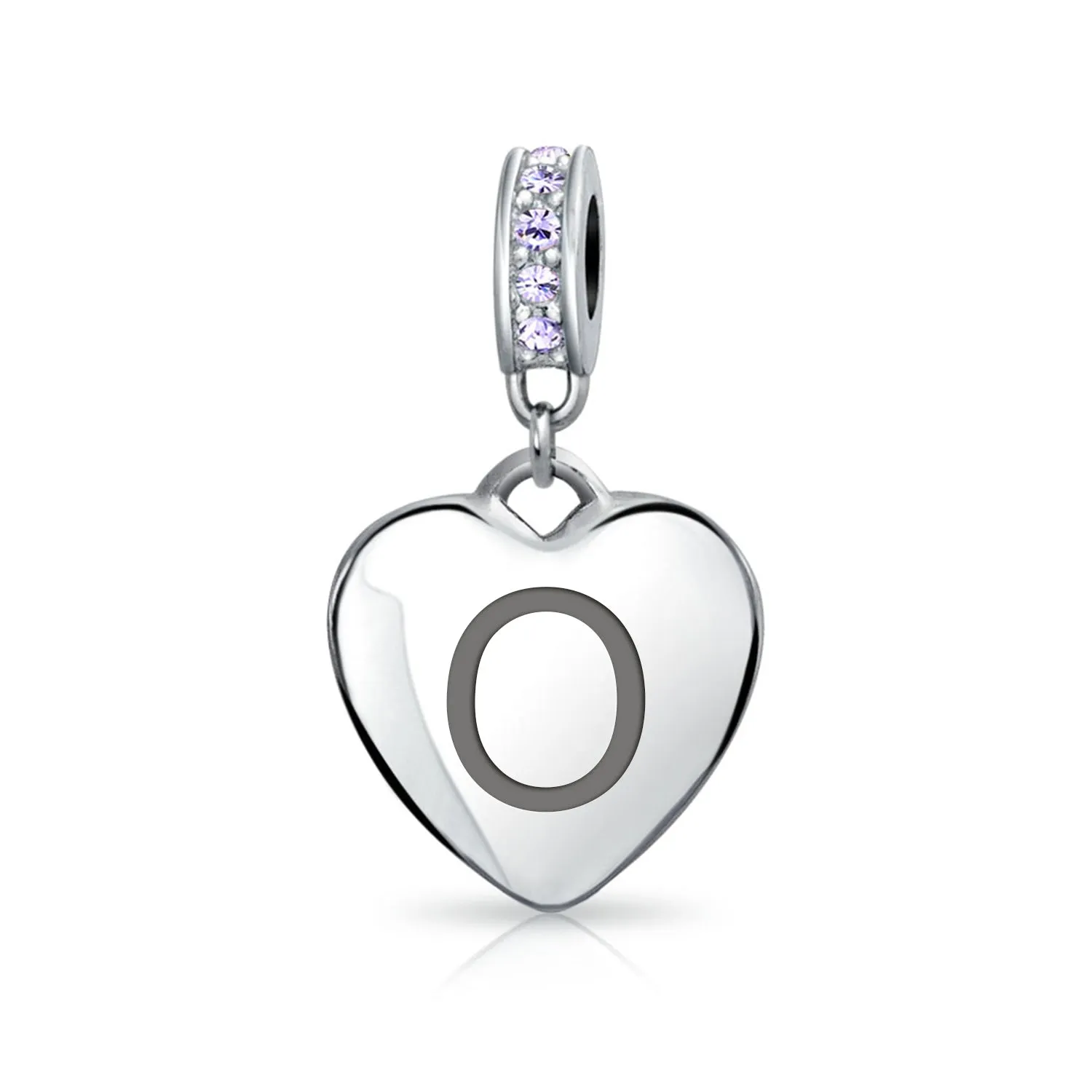 Heart Dangle Bead Charm Crystal Purple Month June Sterling Silver