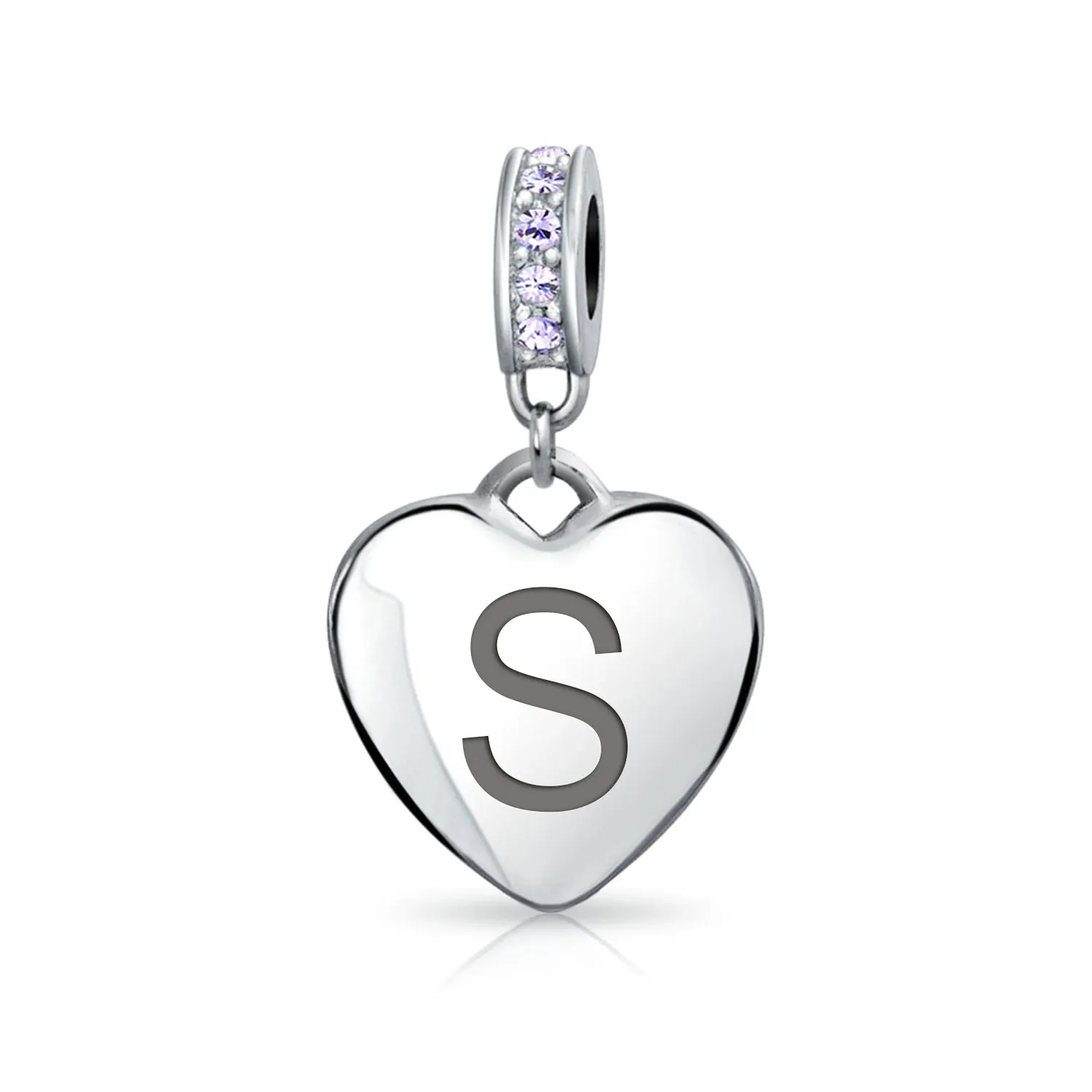 Heart Dangle Bead Charm Crystal Purple Month June Sterling Silver
