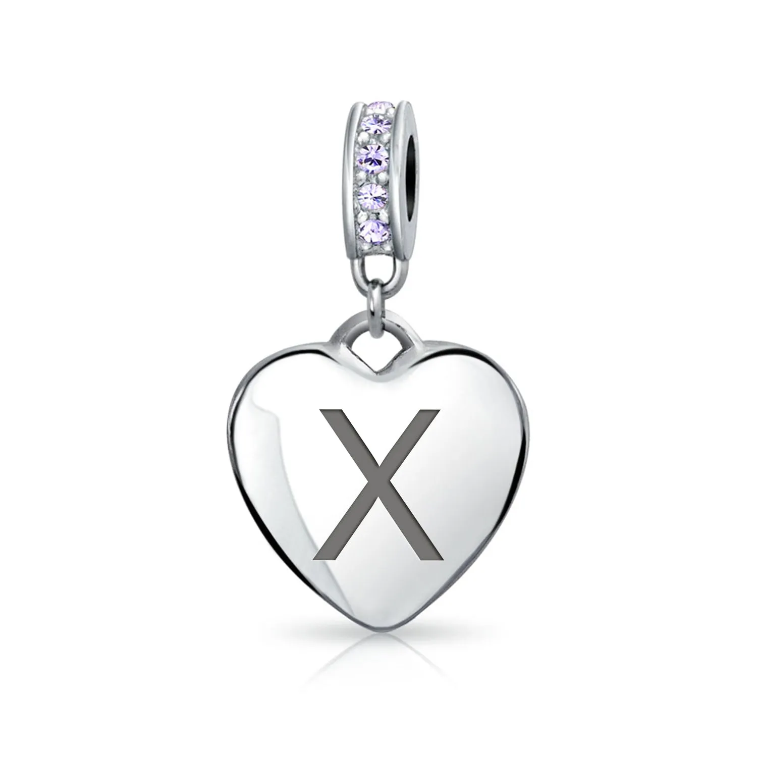Heart Dangle Bead Charm Crystal Purple Month June Sterling Silver