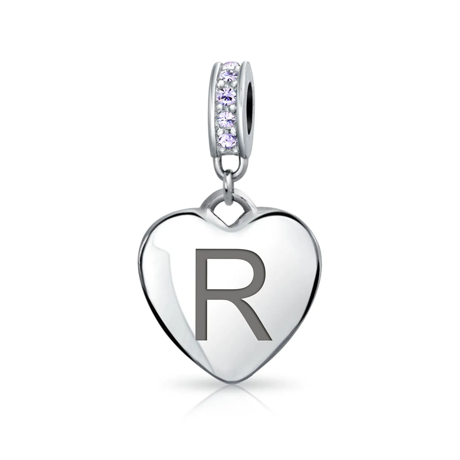 Heart Dangle Bead Charm Crystal Purple Month June Sterling Silver