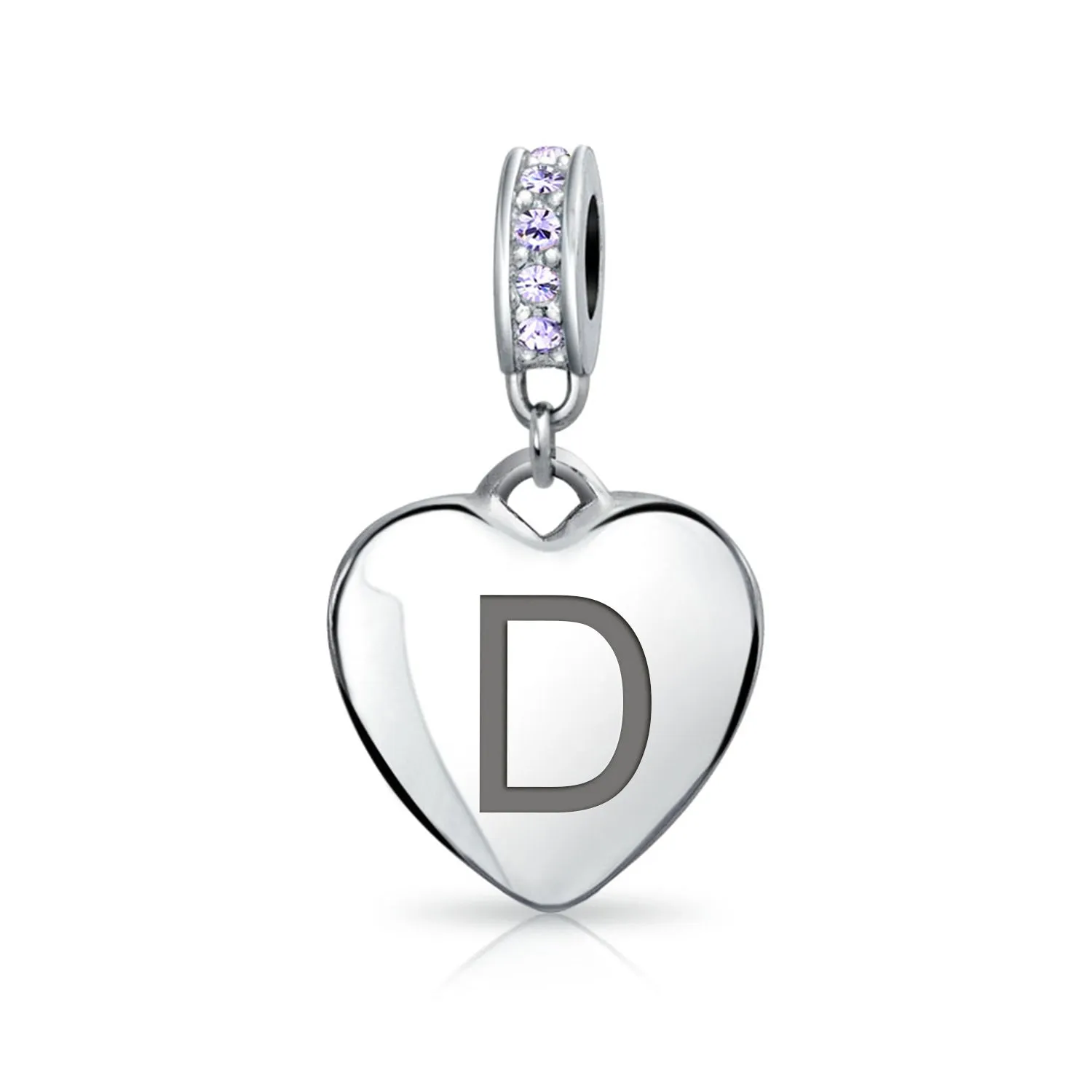 Heart Dangle Bead Charm Crystal Purple Month June Sterling Silver