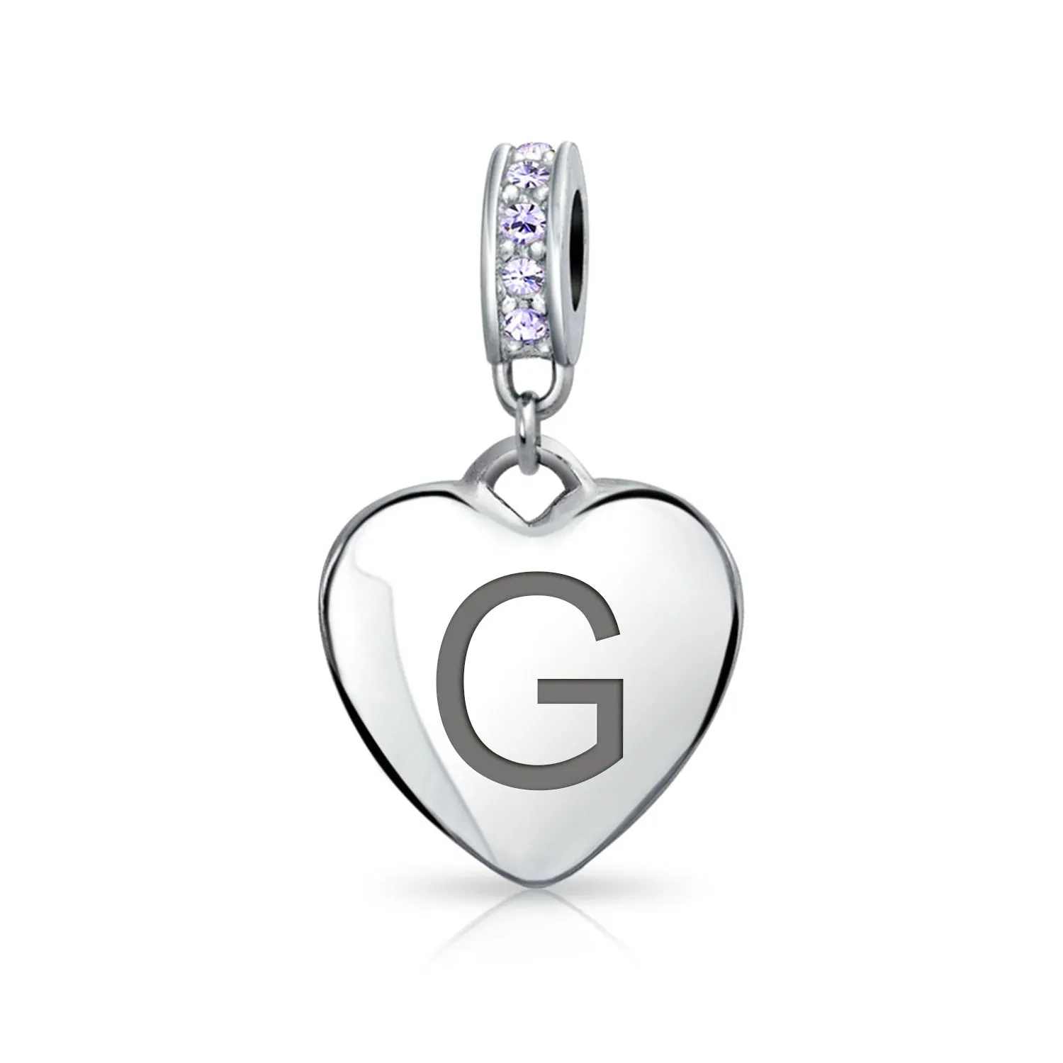 Heart Dangle Bead Charm Crystal Purple Month June Sterling Silver