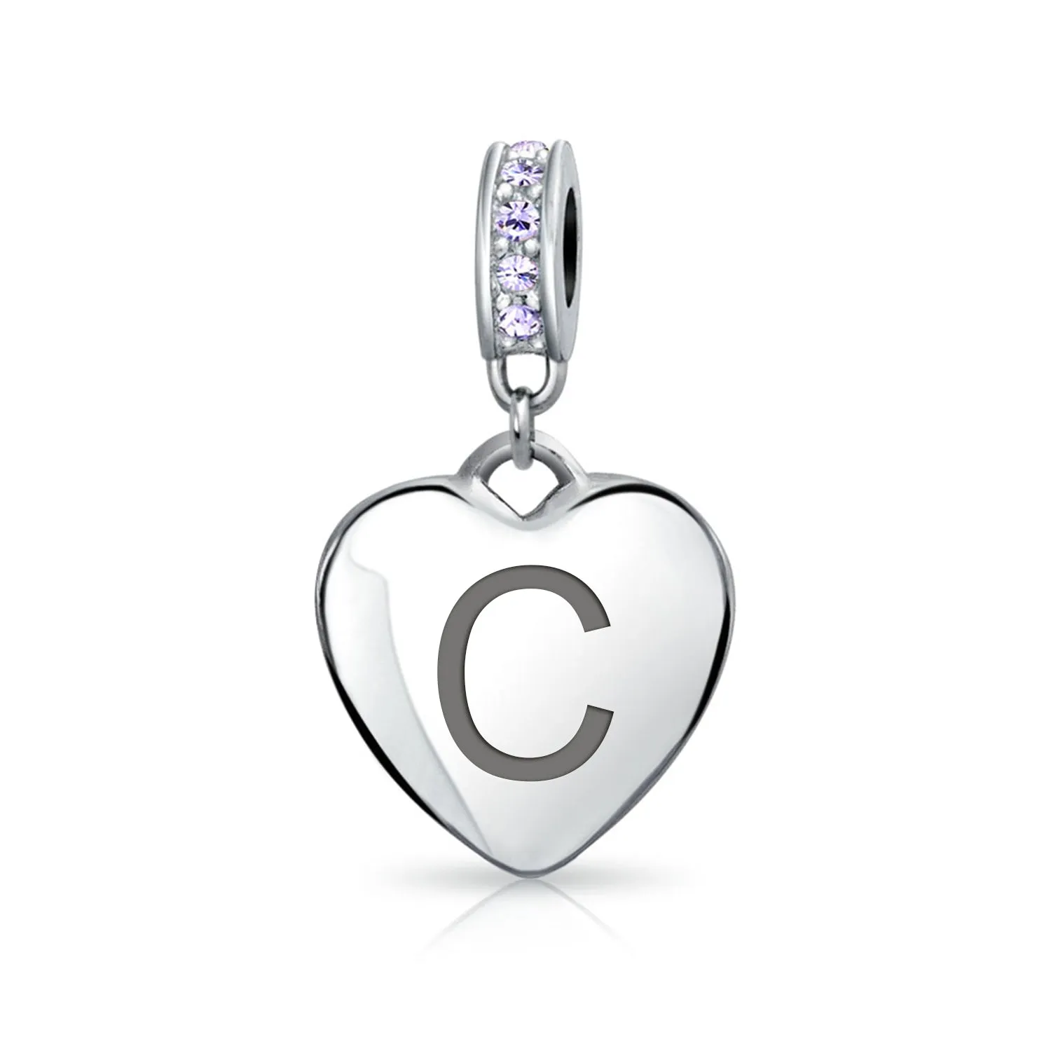 Heart Dangle Bead Charm Crystal Purple Month June Sterling Silver