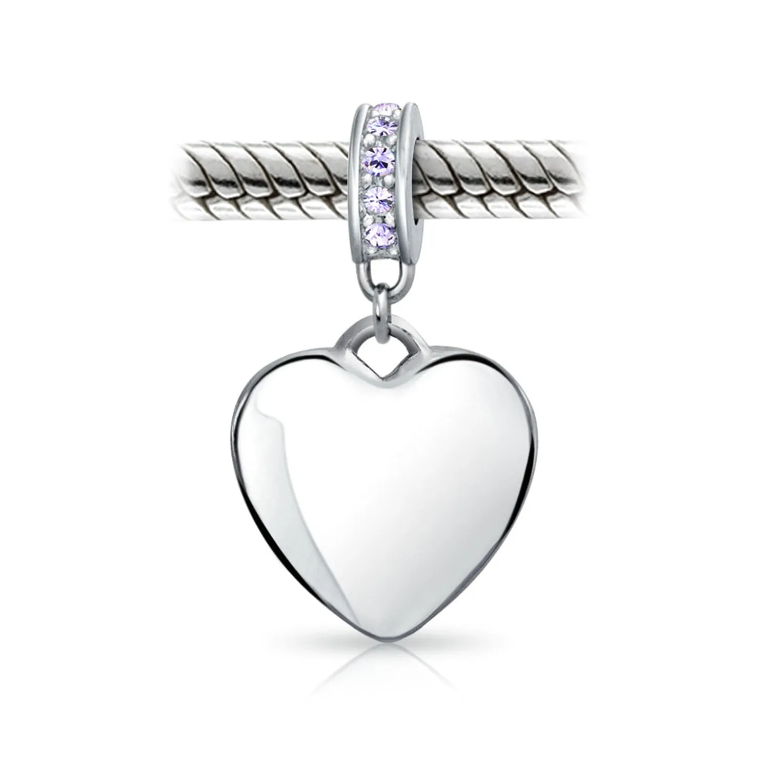 Heart Dangle Bead Charm Crystal Purple Month June Sterling Silver
