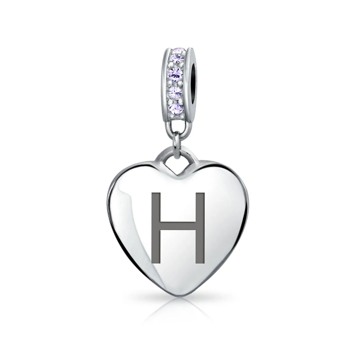 Heart Dangle Bead Charm Crystal Purple Month June Sterling Silver