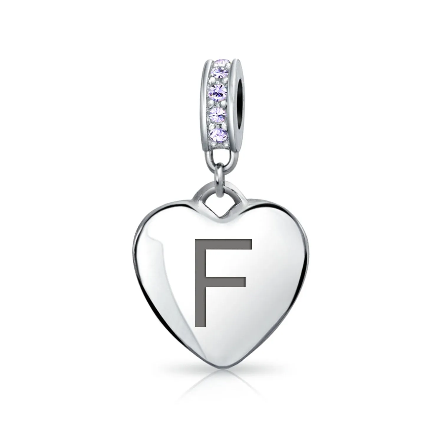 Heart Dangle Bead Charm Crystal Purple Month June Sterling Silver
