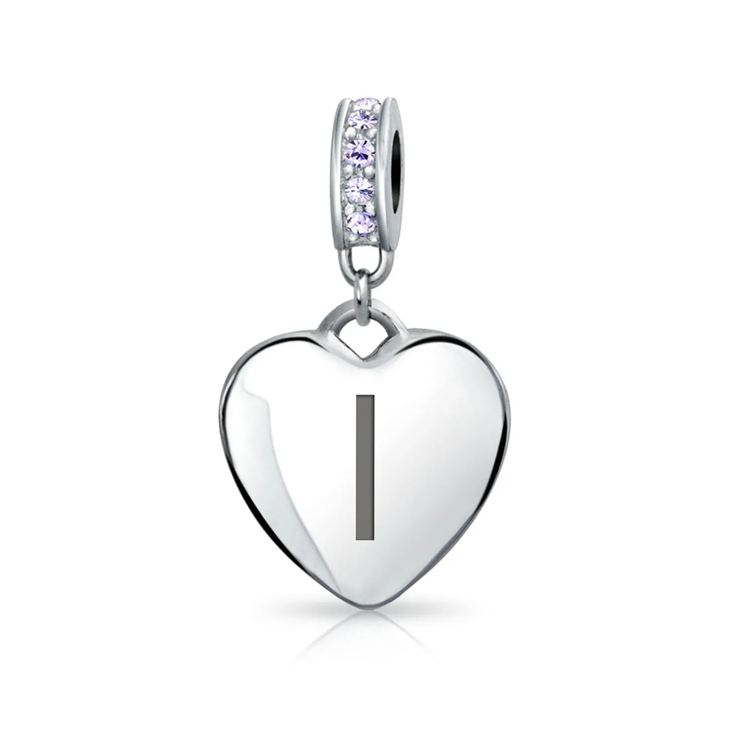 Heart Dangle Bead Charm Crystal Purple Month June Sterling Silver