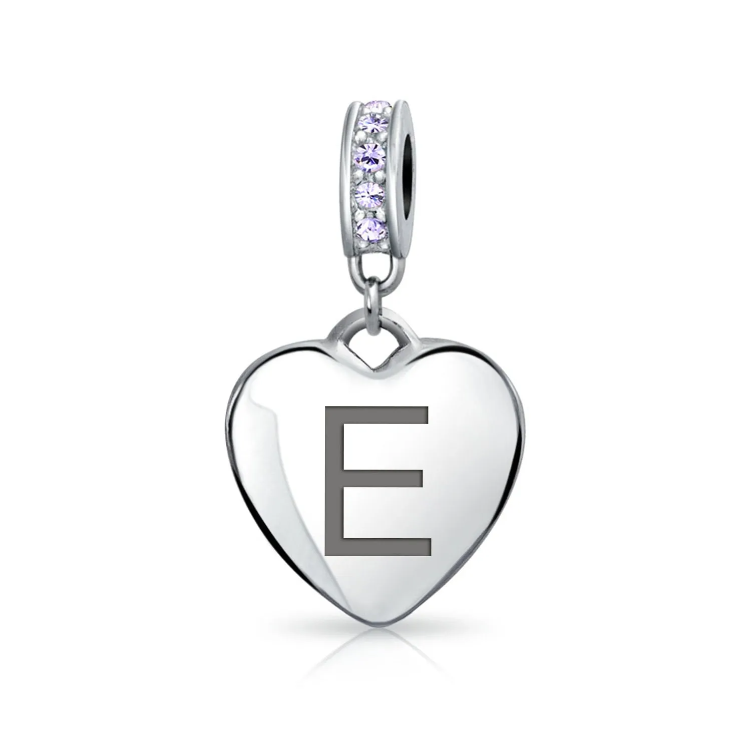 Heart Dangle Bead Charm Crystal Purple Month June Sterling Silver