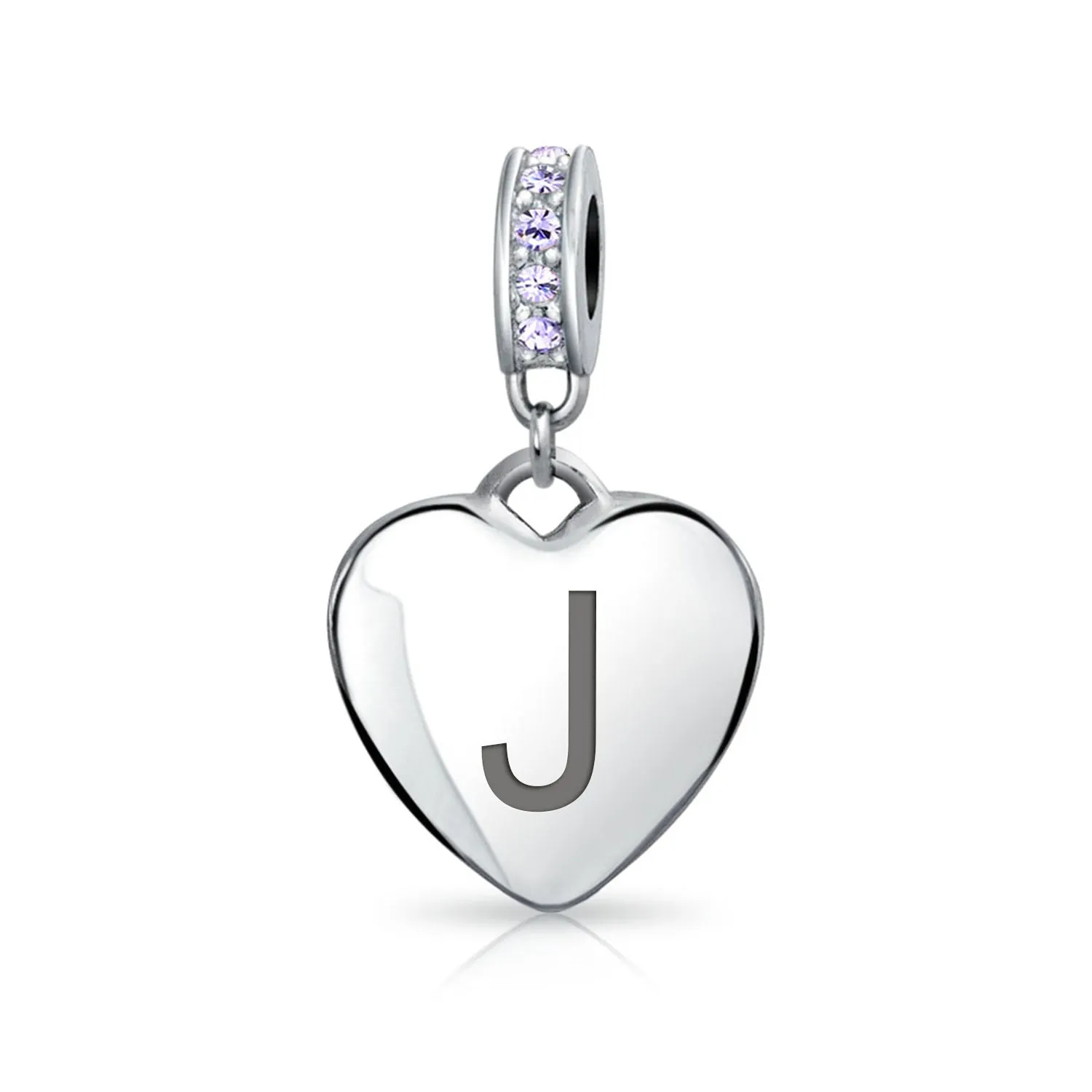 Heart Dangle Bead Charm Crystal Purple Month June Sterling Silver
