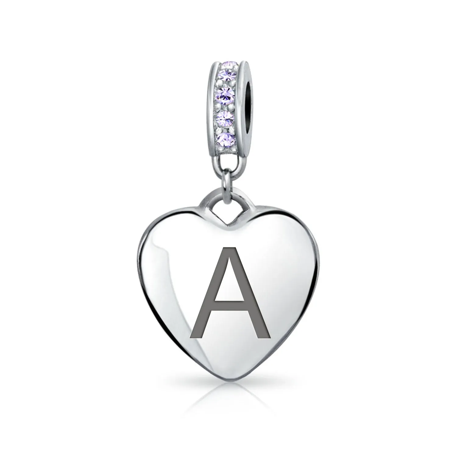 Heart Dangle Bead Charm Crystal Purple Month June Sterling Silver