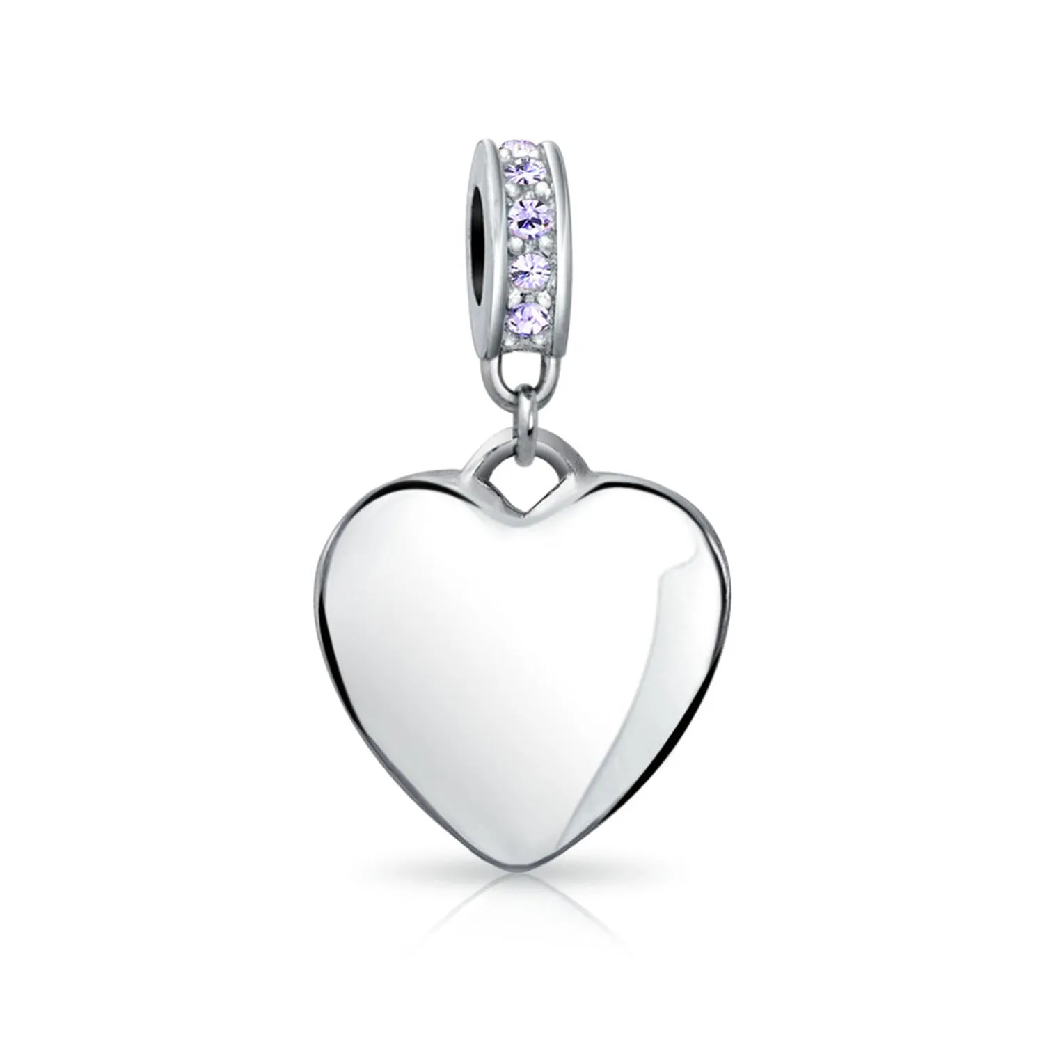 Heart Dangle Bead Charm Crystal Purple Month June Sterling Silver