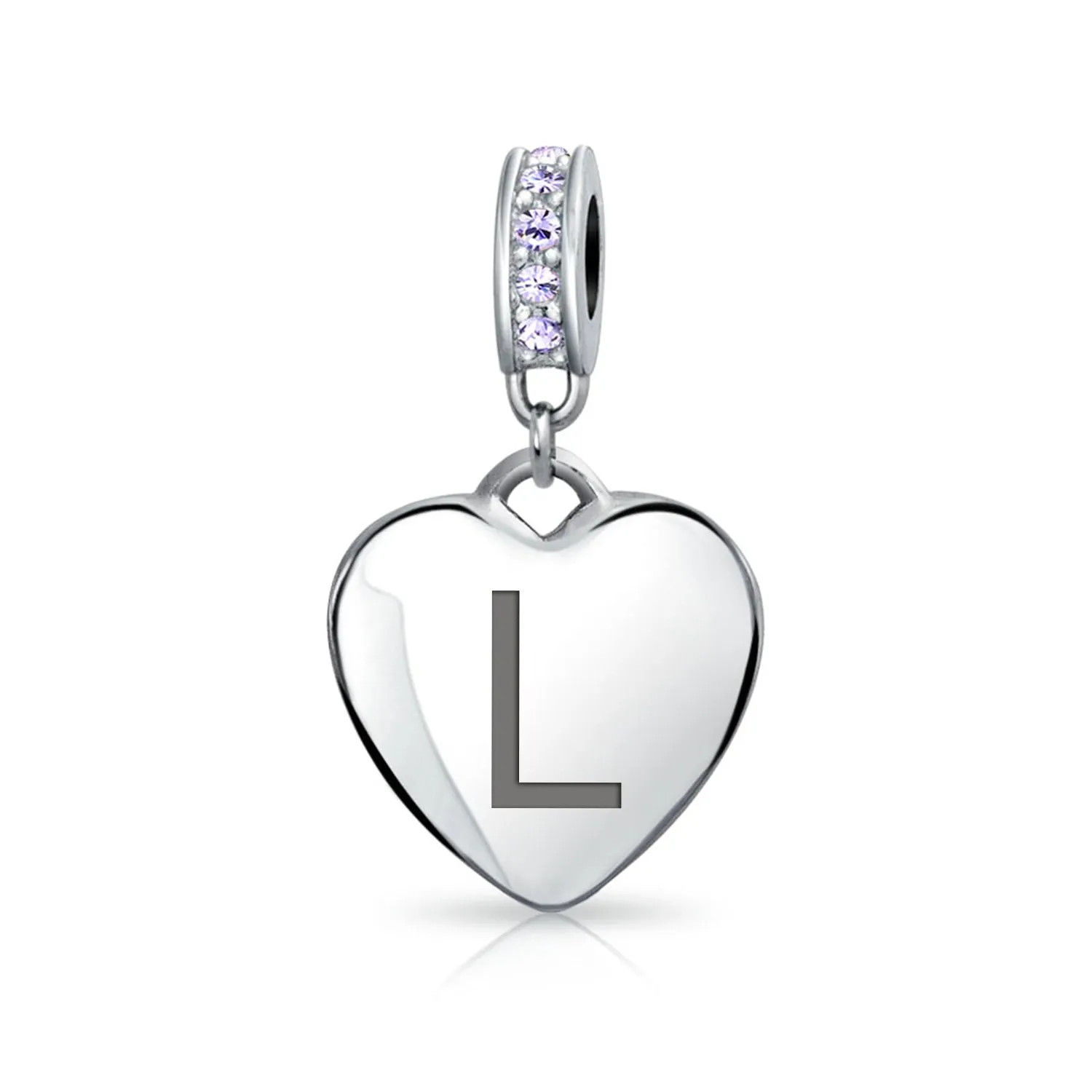 Heart Dangle Bead Charm Crystal Purple Month June Sterling Silver