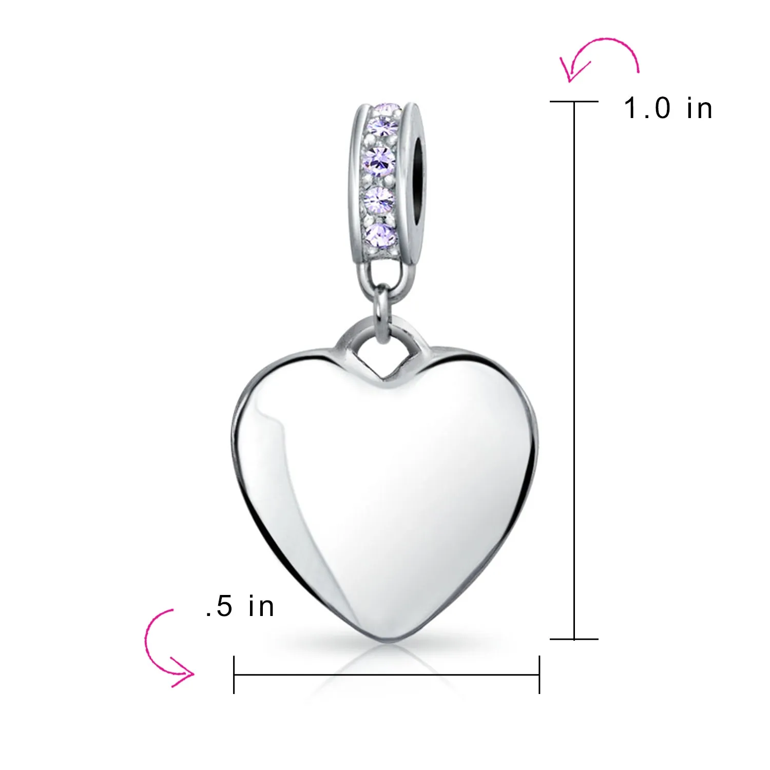Heart Dangle Bead Charm Crystal Purple Month June Sterling Silver