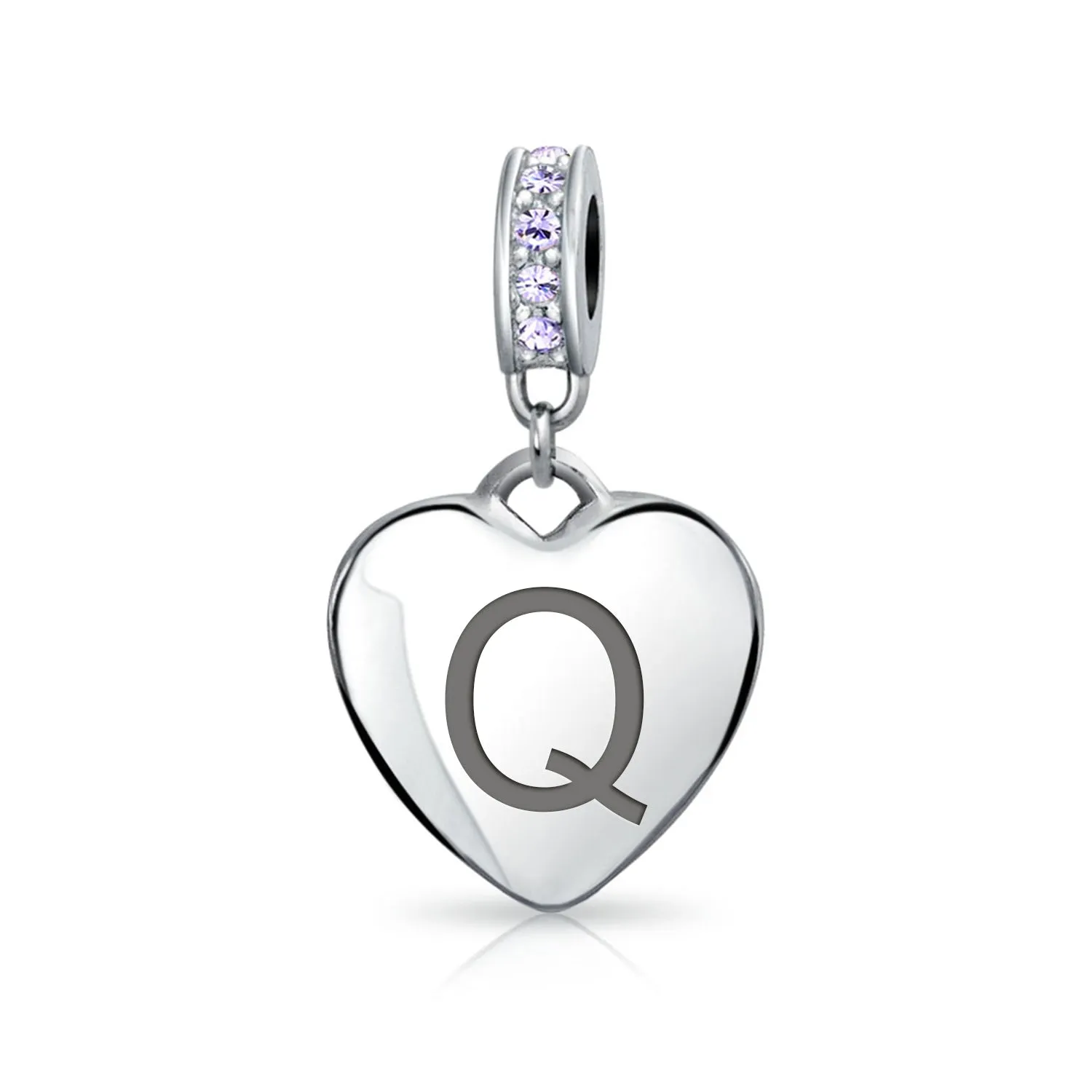 Heart Dangle Bead Charm Crystal Purple Month June Sterling Silver