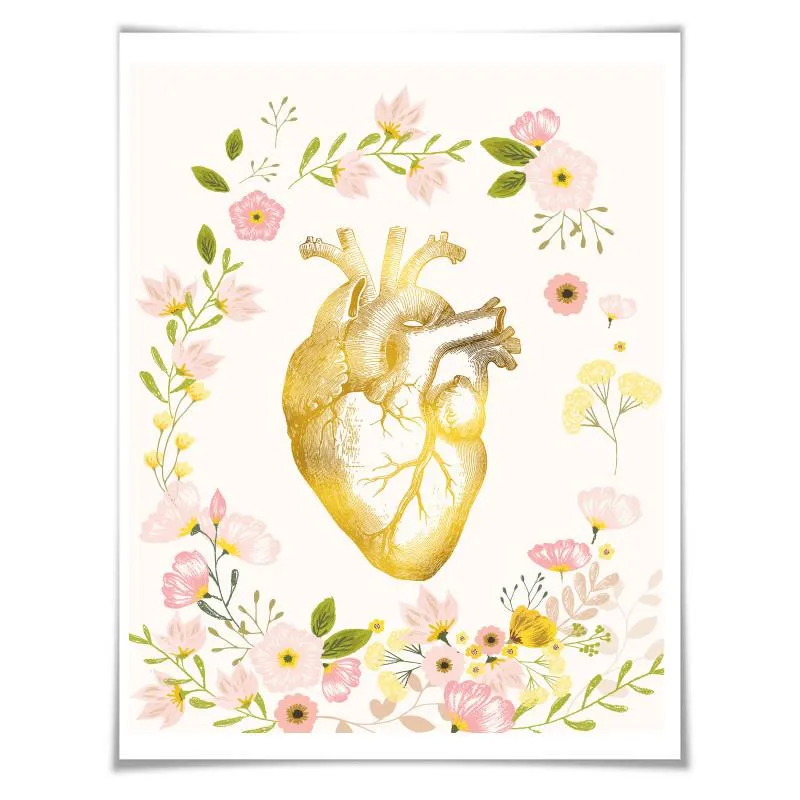 Human Heart Gold Foil Art Print. 3 Sizes. Anatomy Wall Art. Doctor Medical Science Poster Pink Floral Room Decor