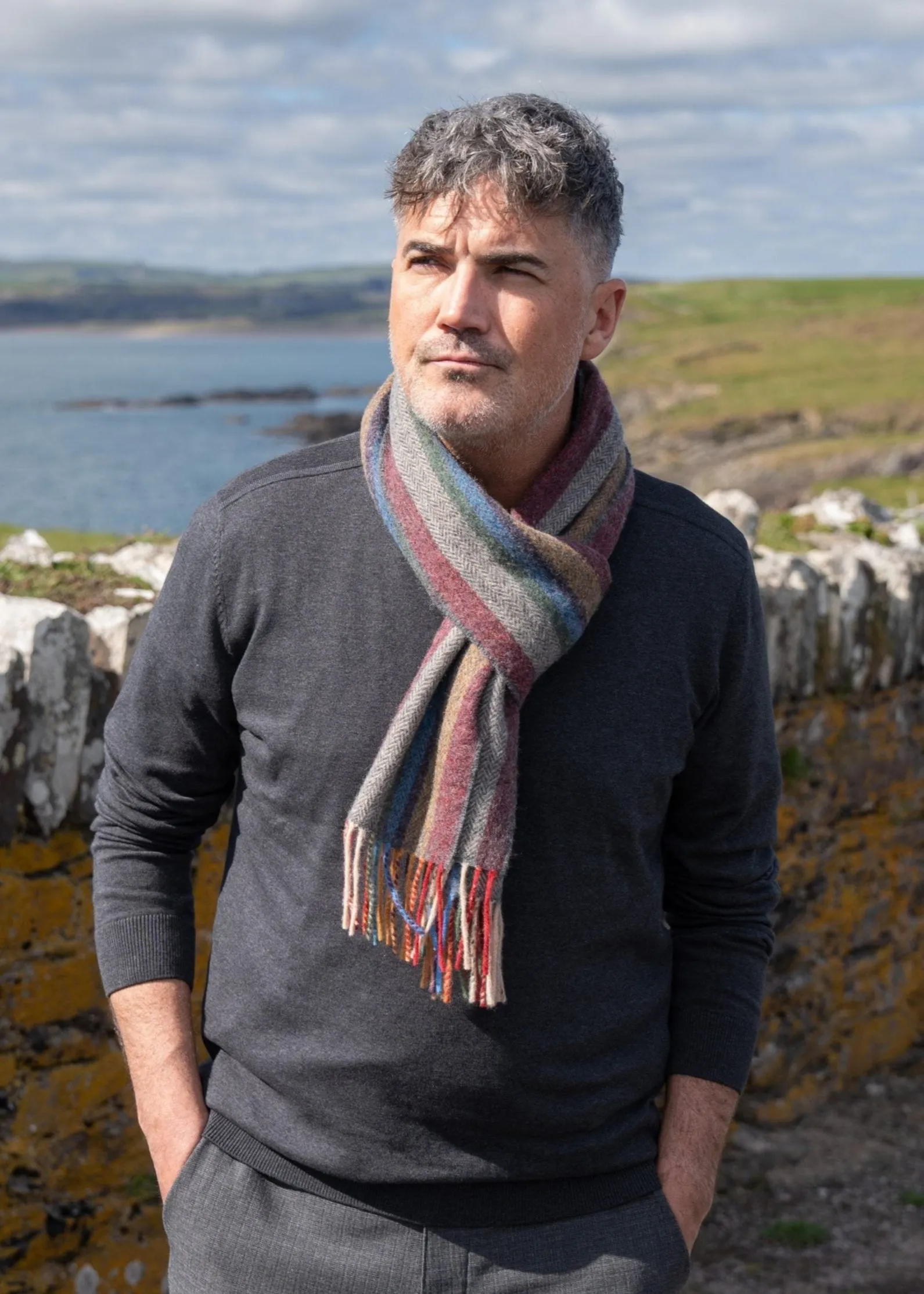 John Hanly Lambswool Scarf | Red Mustard Stripe