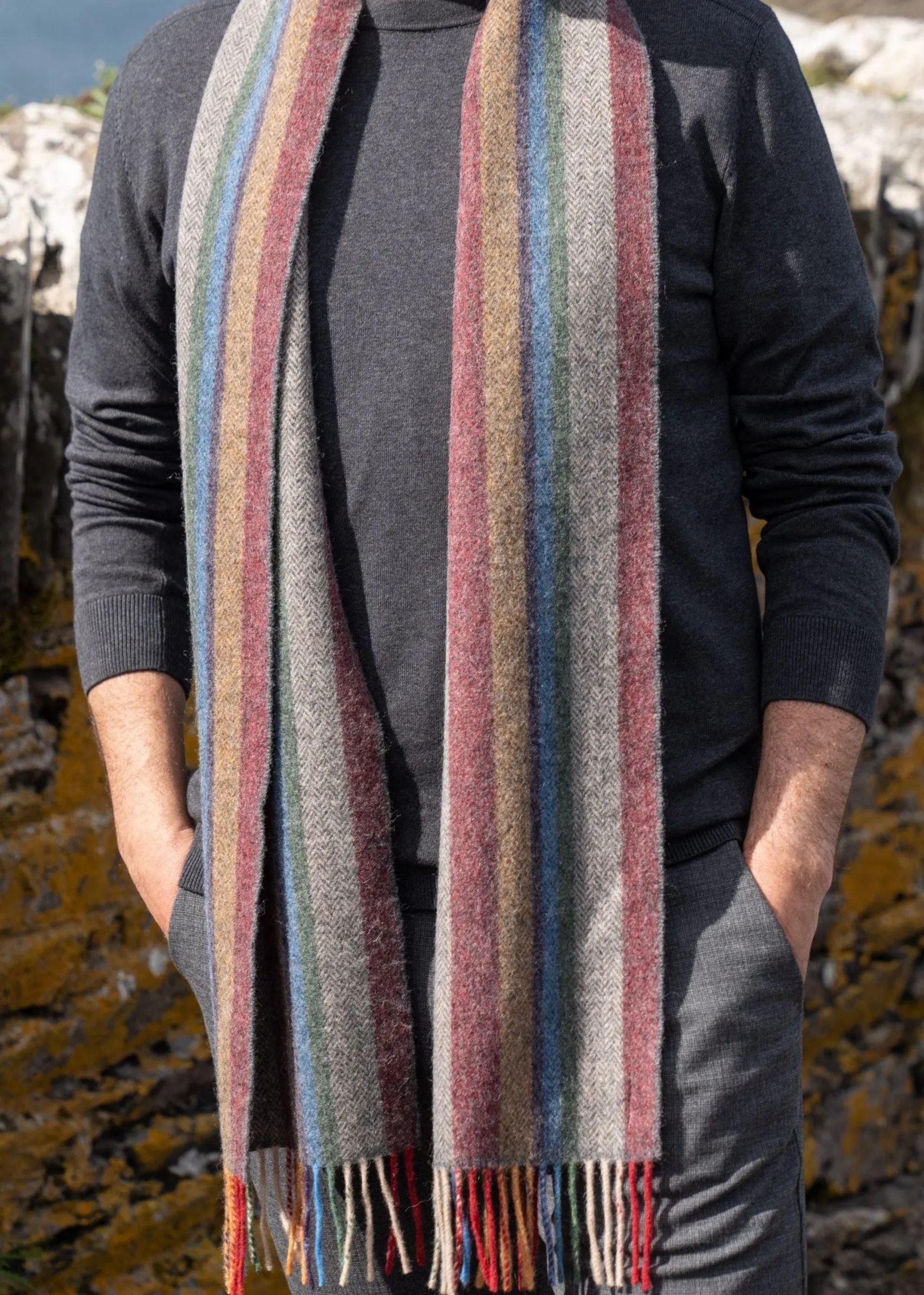 John Hanly Lambswool Scarf | Red Mustard Stripe