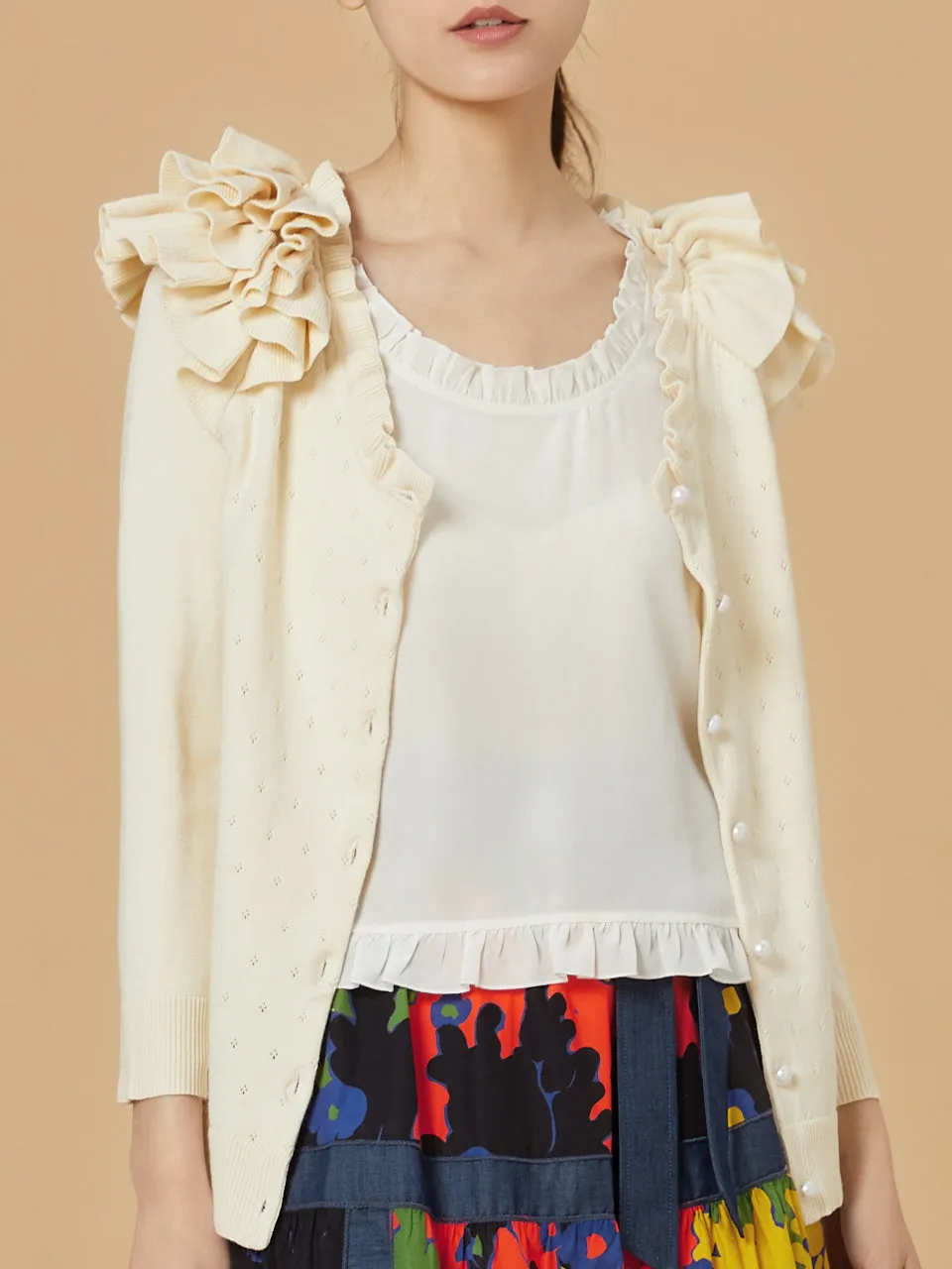 Last Chance! Ivory Tiered Ruffle Shoulder Pointelle Cardigan