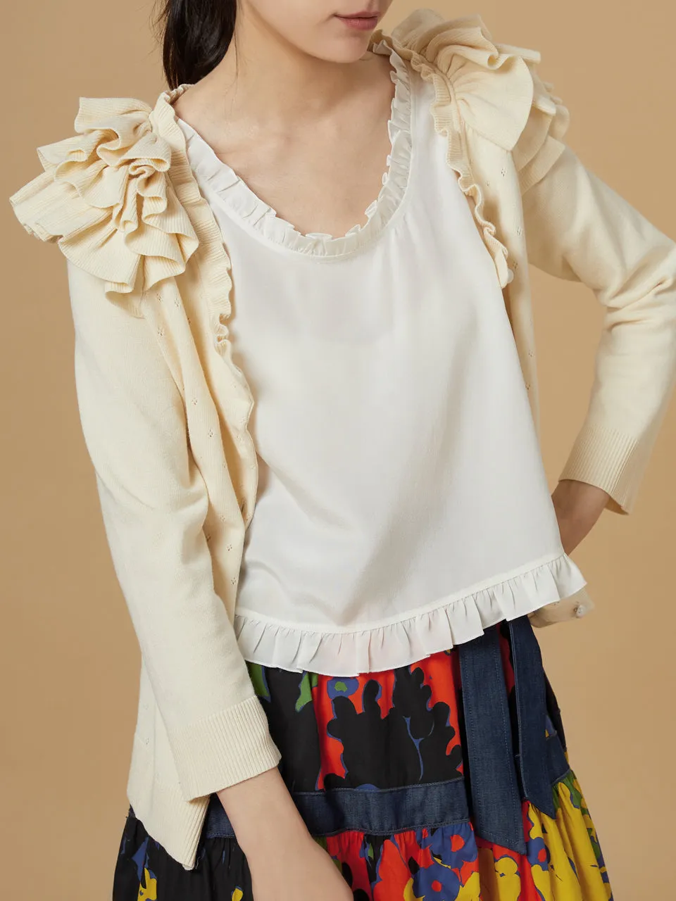 Last Chance! Ivory Tiered Ruffle Shoulder Pointelle Cardigan