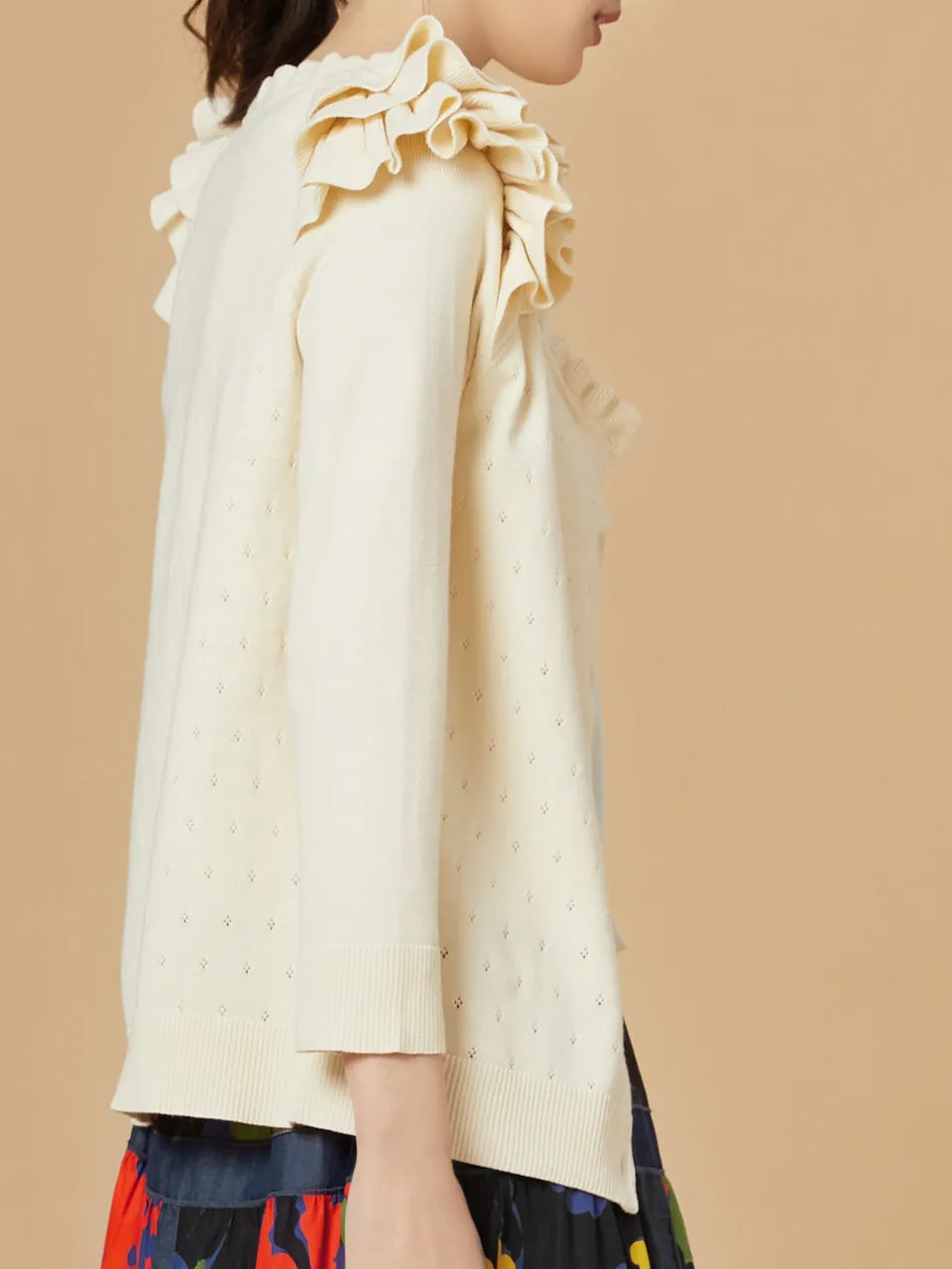 Last Chance! Ivory Tiered Ruffle Shoulder Pointelle Cardigan