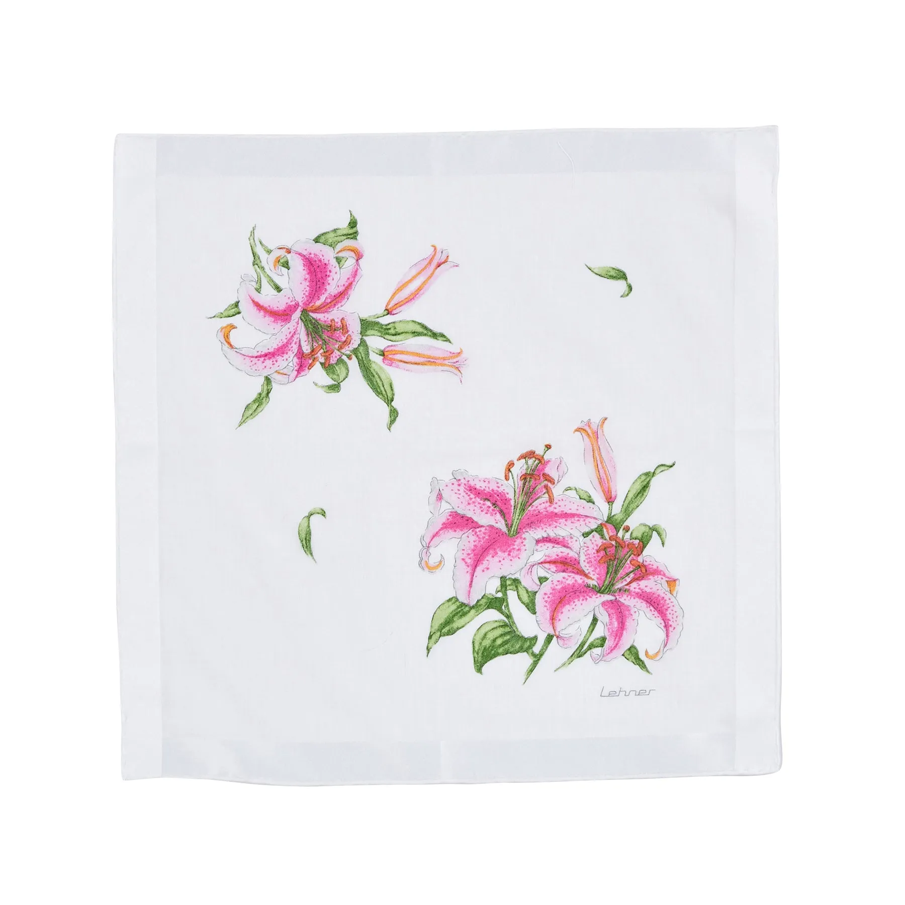 Lehner 'Pink Floral' Hand Rolled Ladies Swiss Cotton Handkerchief