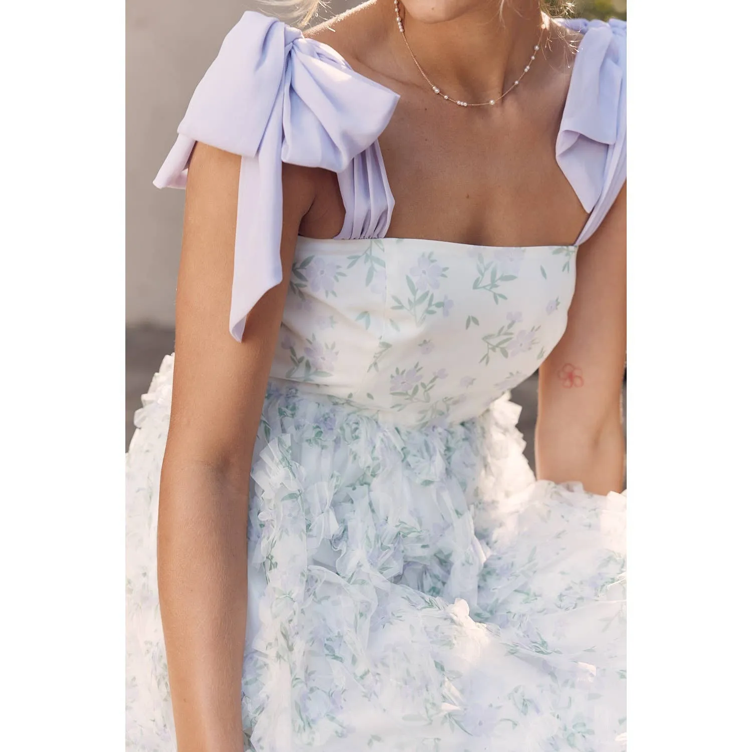 Lilac Ruffled Floral Mesh Dress