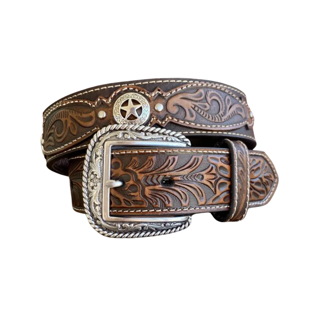 M&F Men's Ariat Floral Tab Star Concho Brown Belt