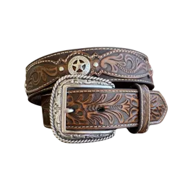 M&F Men's Ariat Floral Tab Star Concho Brown Belt