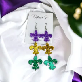 Mardi Gras Earrings - Fleur de lis, Handmade Earrings, New Orleans, Purple Green Gold, Mardi Gras Jewelry, Parade Outfit, Dangle, NOLA