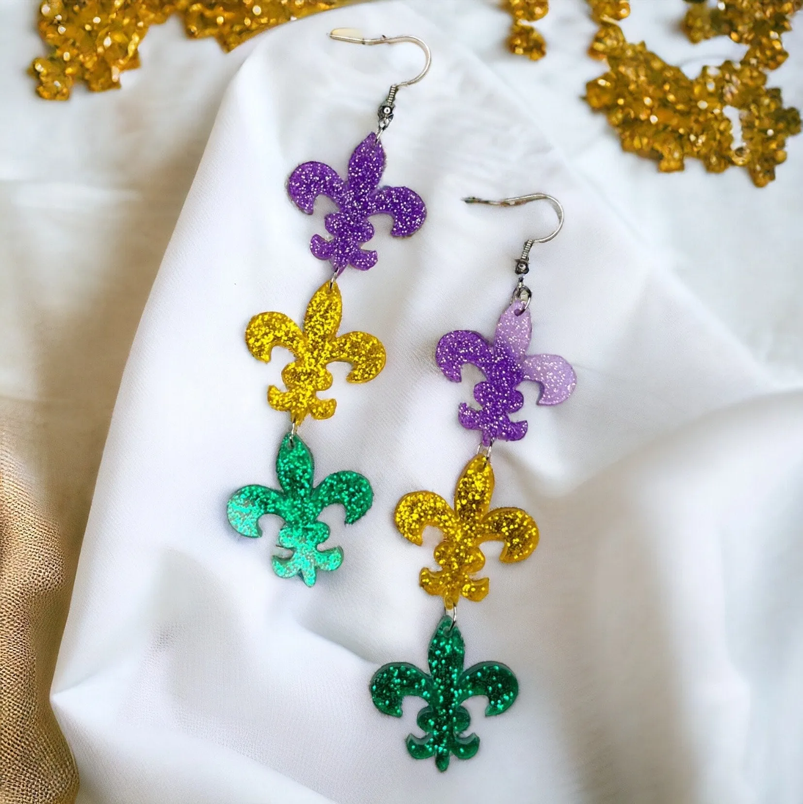 Mardi Gras Earrings - Fleur de lis, Handmade Earrings, New Orleans, Purple Green Gold, Mardi Gras Jewelry, Parade Outfit, Dangle, NOLA