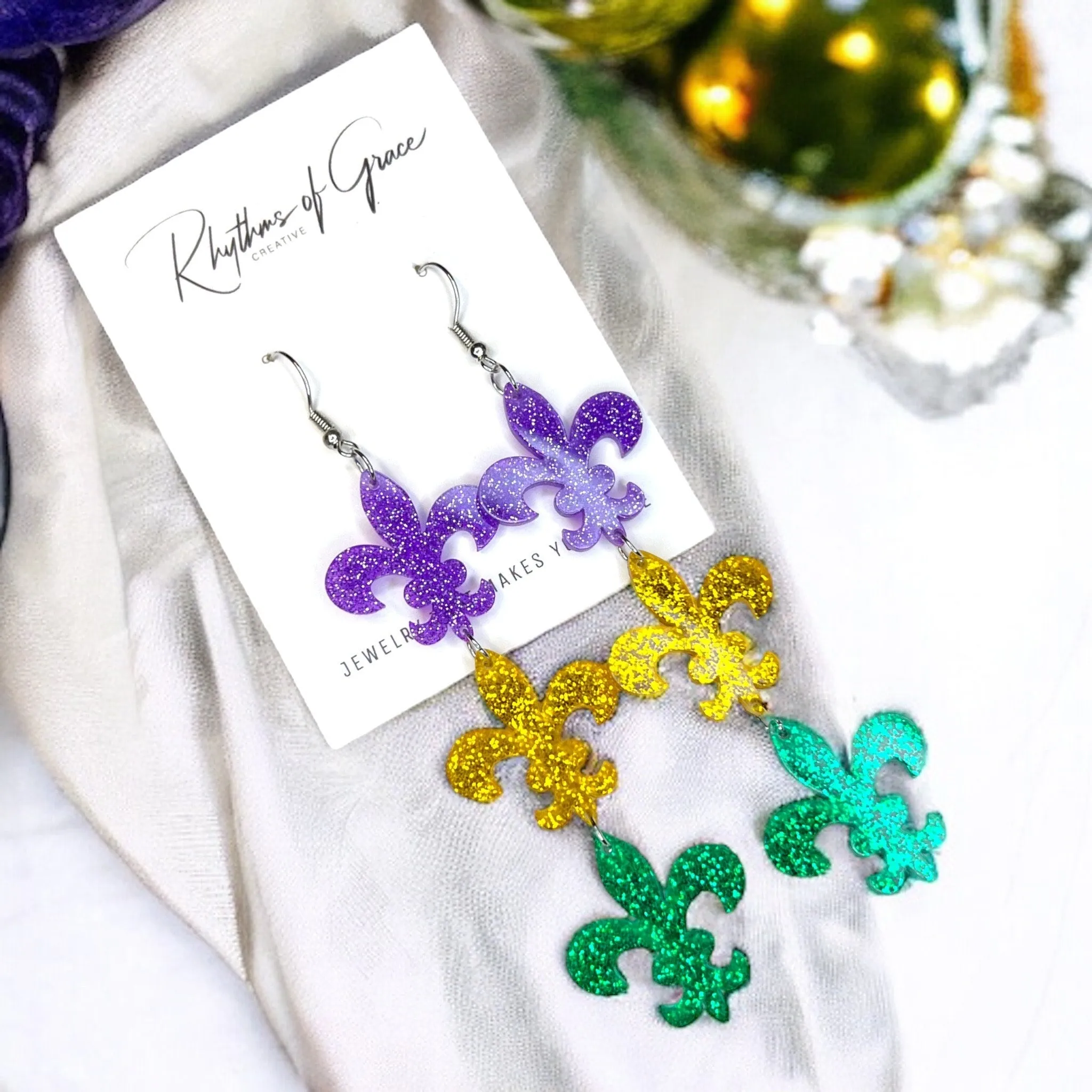 Mardi Gras Earrings - Fleur de lis, Handmade Earrings, New Orleans, Purple Green Gold, Mardi Gras Jewelry, Parade Outfit, Dangle, NOLA