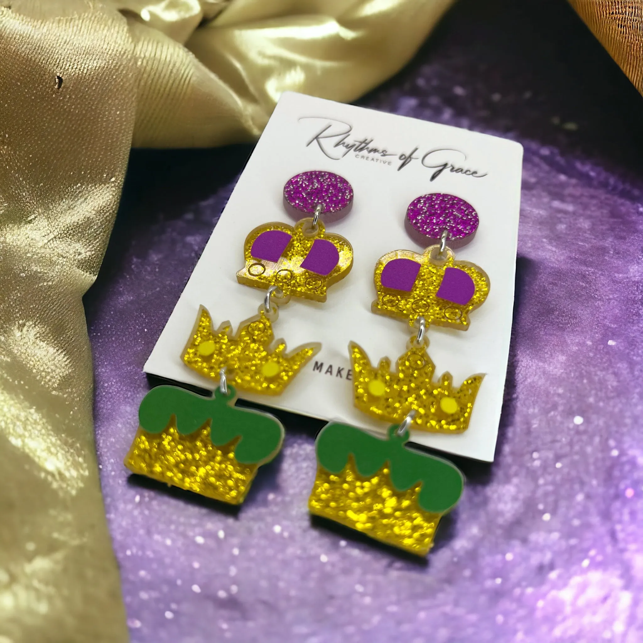 Mardi Gras Earrings - Fleur de lis, Handmade Earrings, New Orleans, Purple Green Gold, Mardi Gras Jewelry, Parade Outfit, Dangle, NOLA