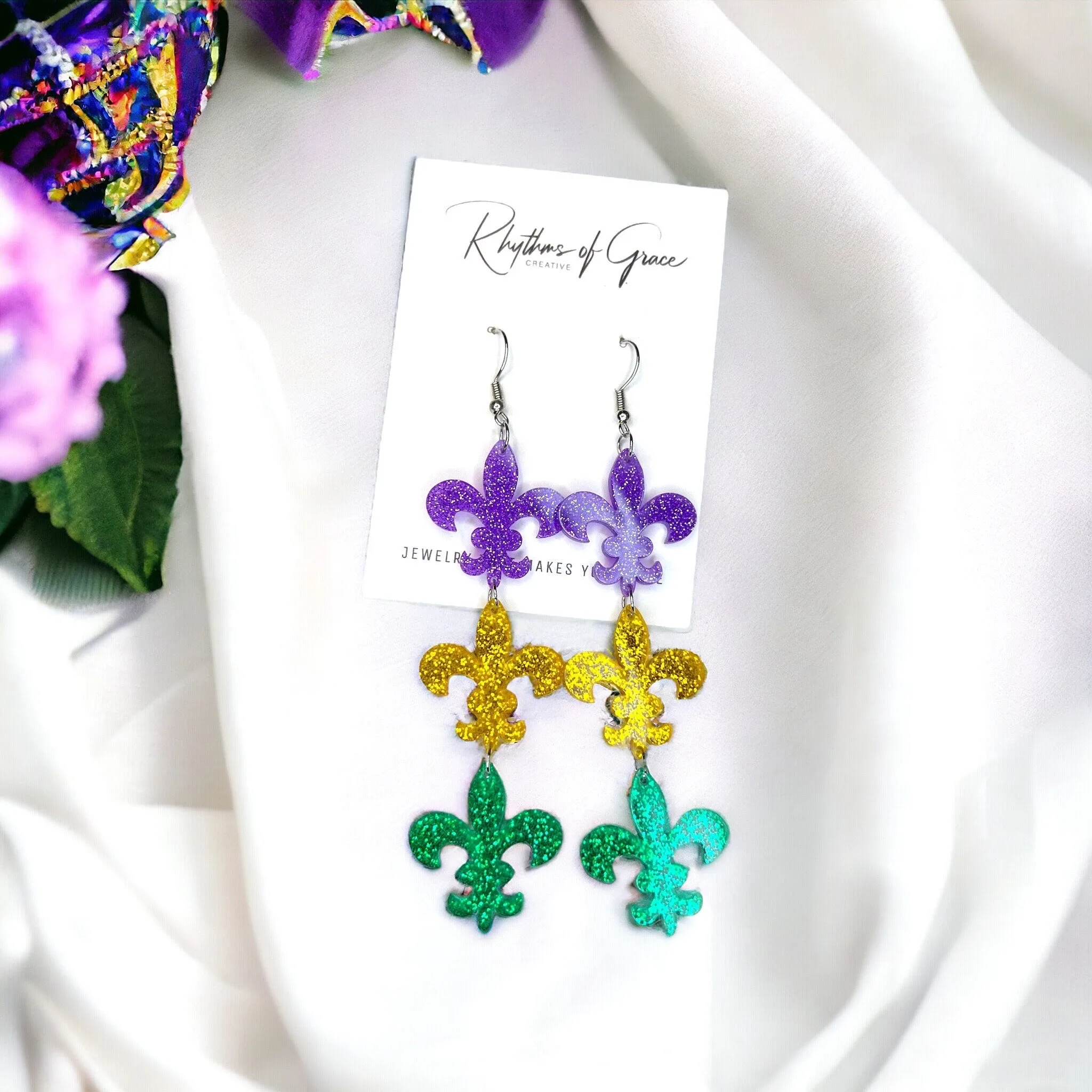 Mardi Gras Earrings - Fleur de lis, Handmade Earrings, New Orleans, Purple Green Gold, Mardi Gras Jewelry, Parade Outfit, Dangle, NOLA