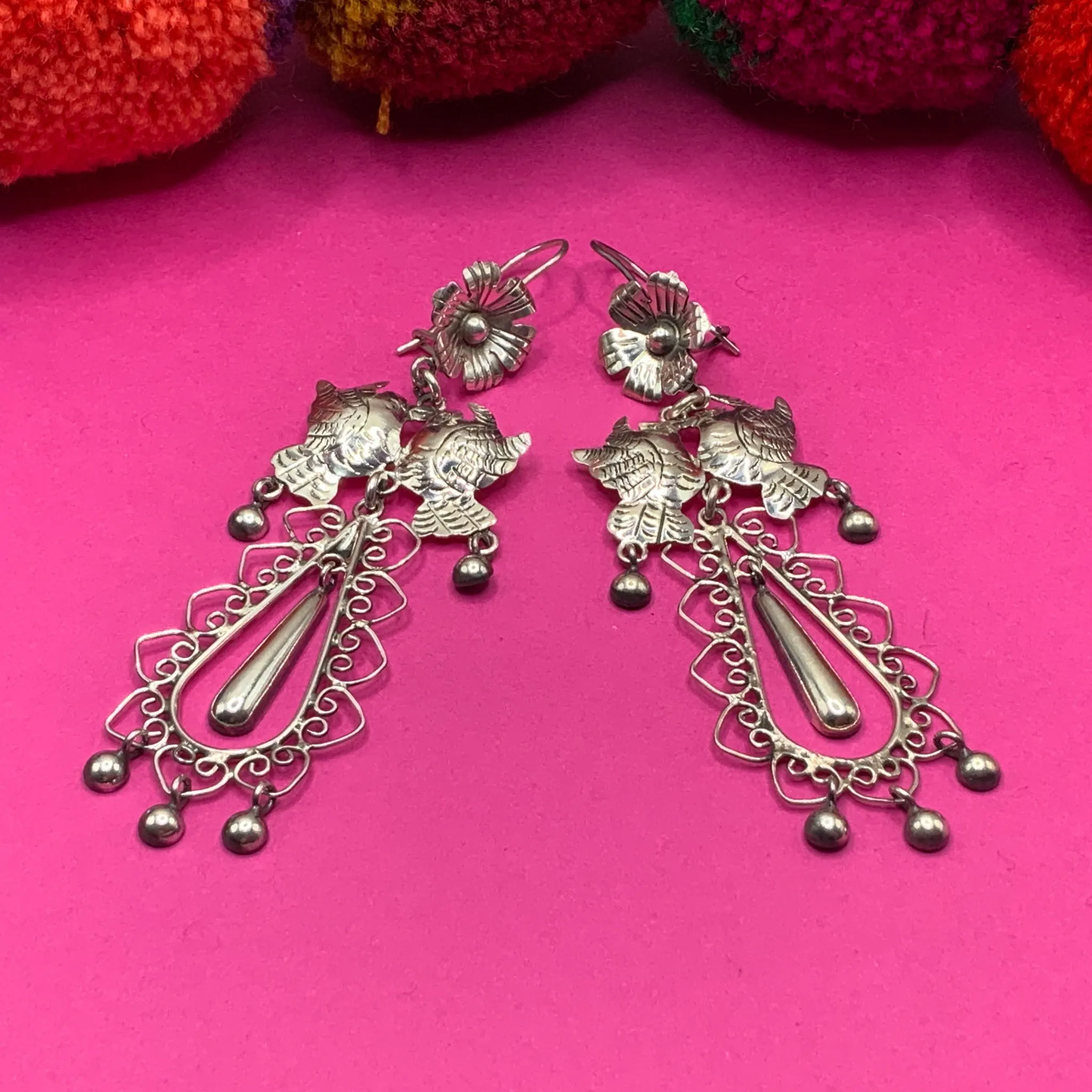 Mazahua silver dove Mexican earrings