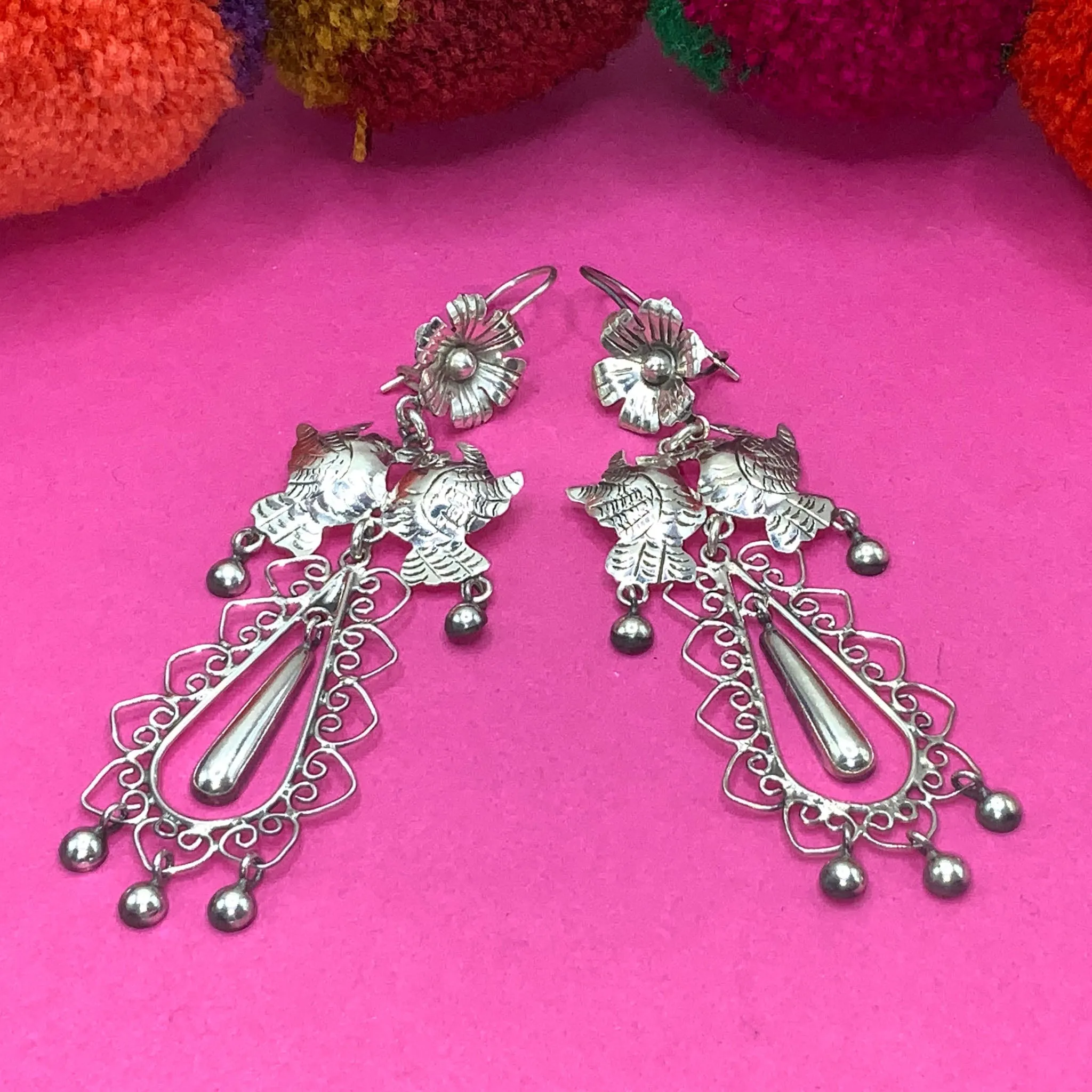 Mazahua silver dove Mexican earrings