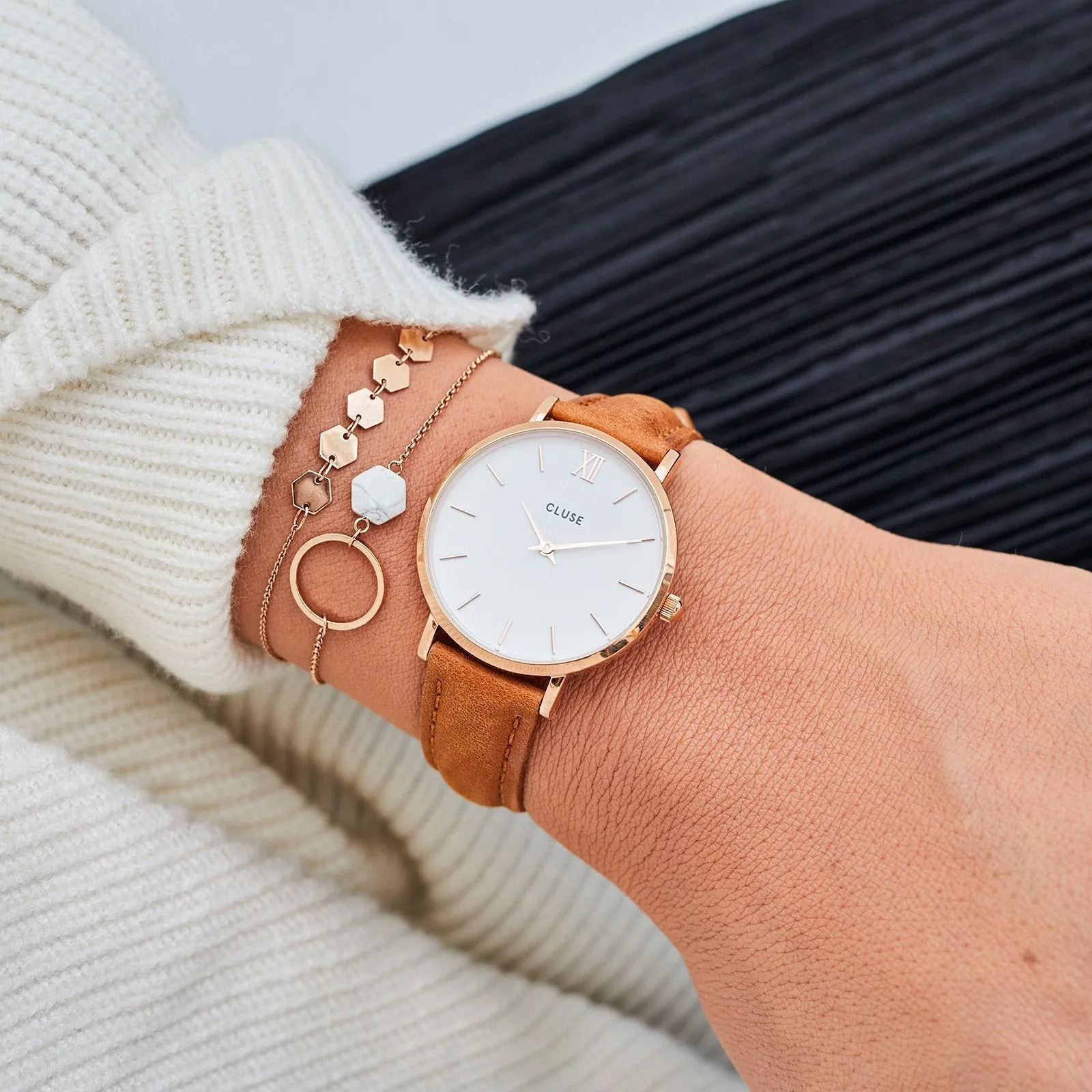 Minuit Leather Rose Gold White/Caramel