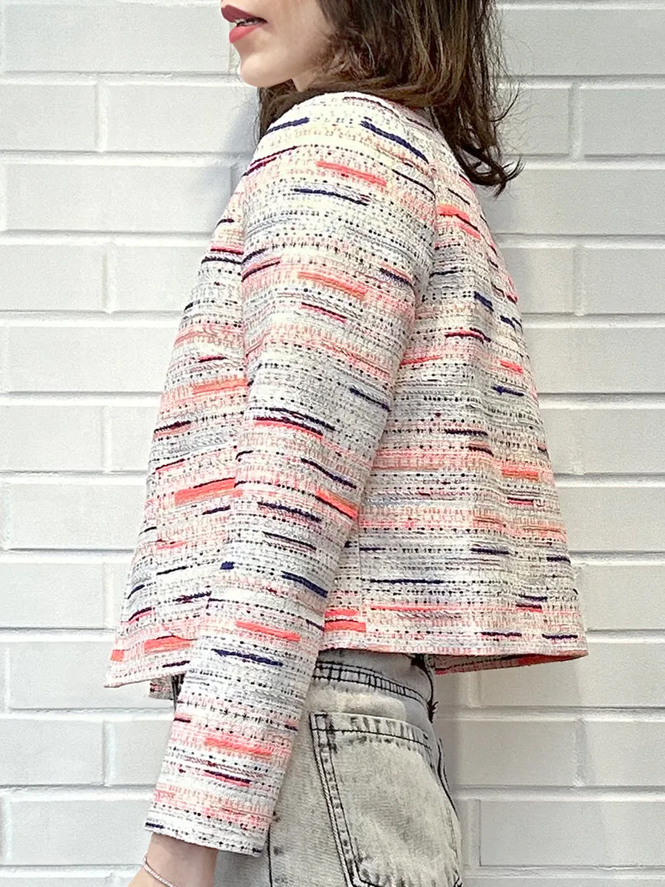 Mix Stripes Button Front Boxy Bouclè Tweed Crop Jacket