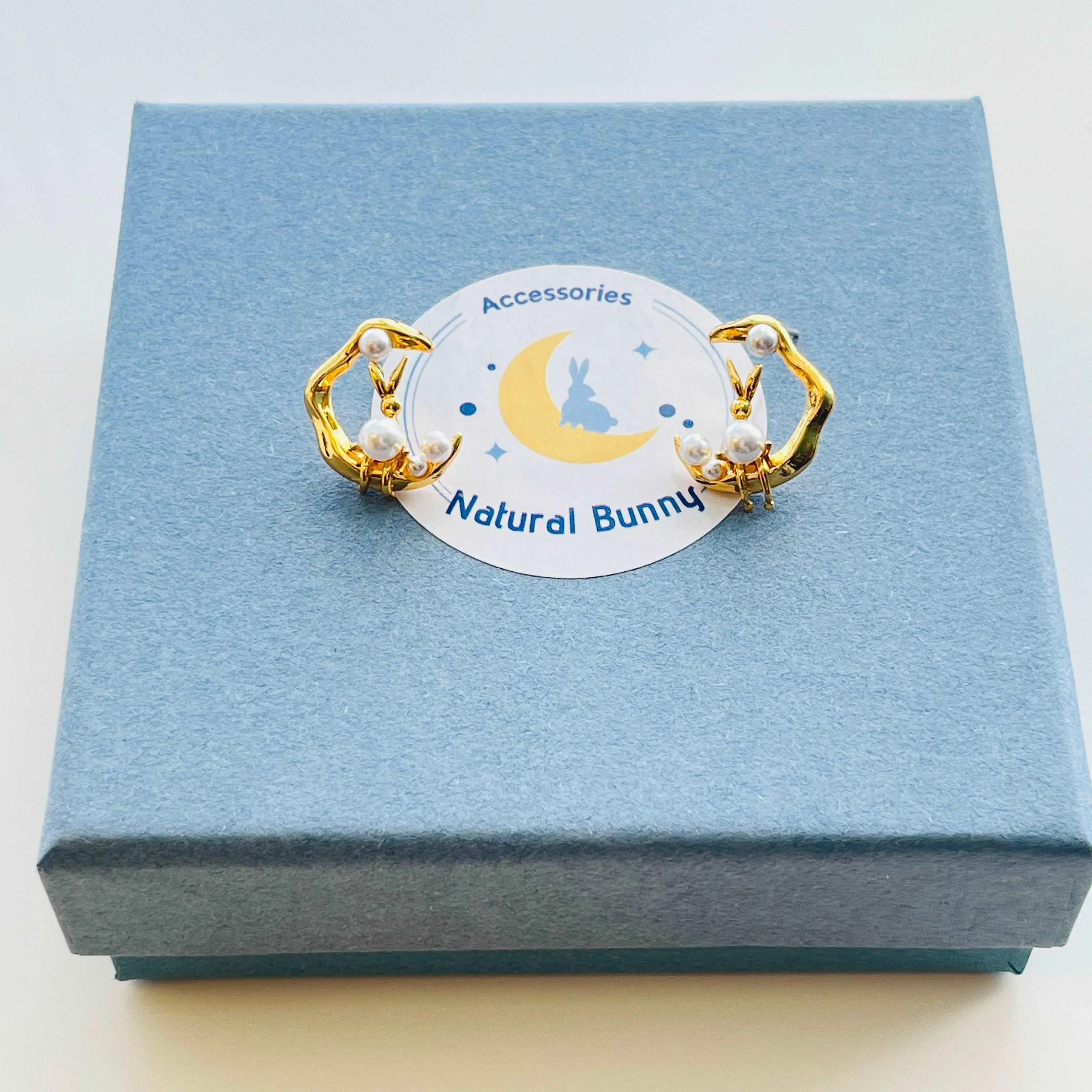 Natural Bunny In The Moon Stud Earrings
