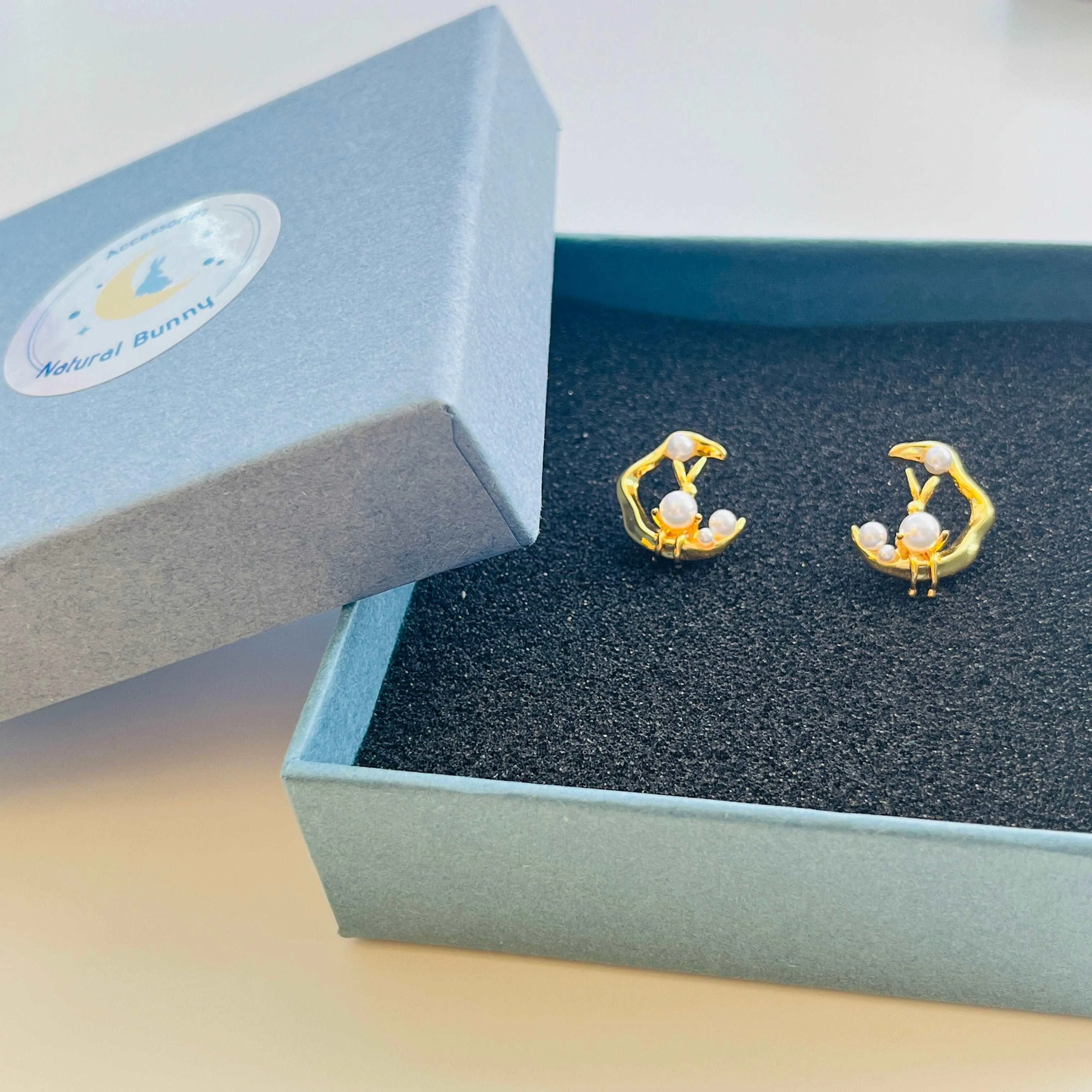 Natural Bunny In The Moon Stud Earrings