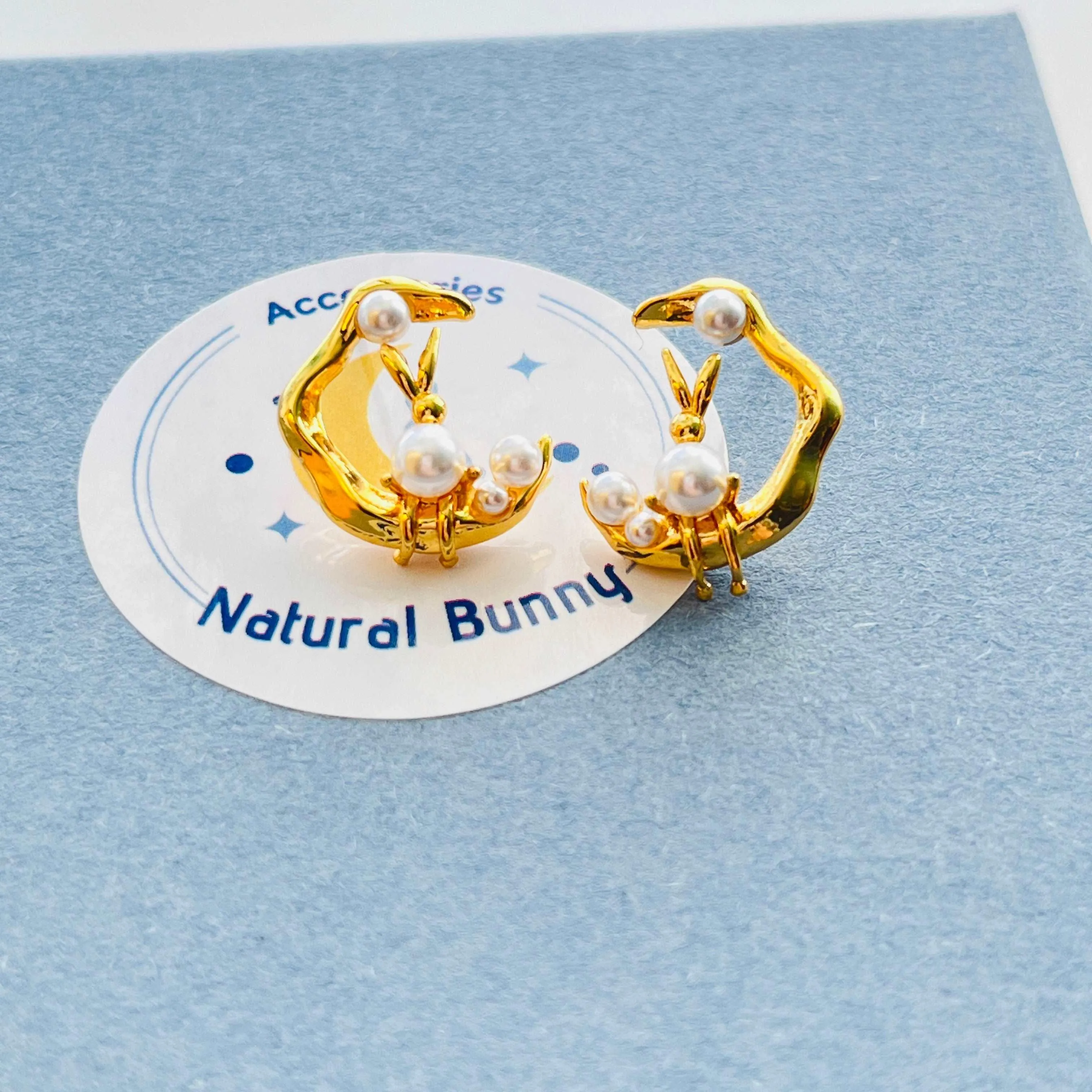 Natural Bunny In The Moon Stud Earrings