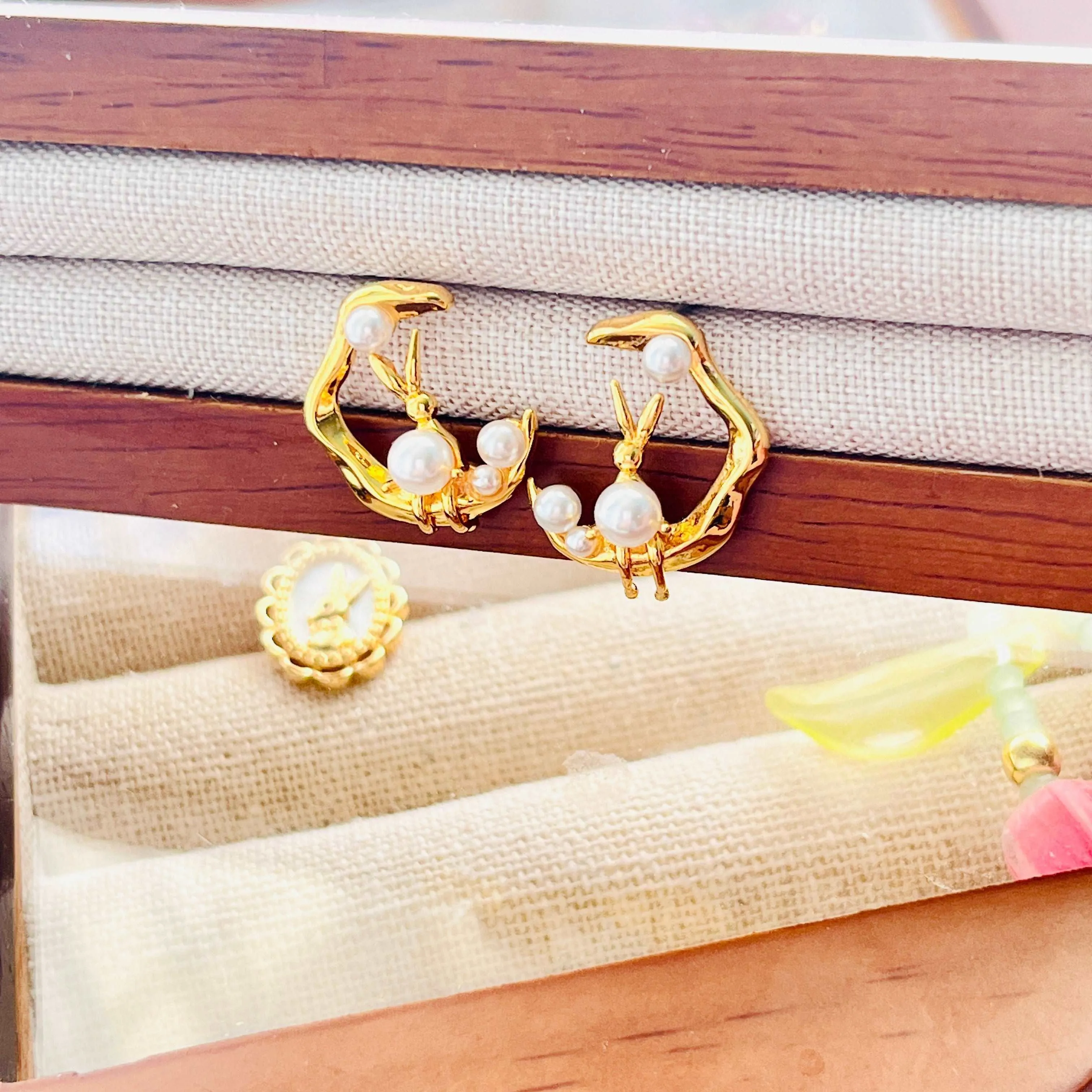 Natural Bunny In The Moon Stud Earrings