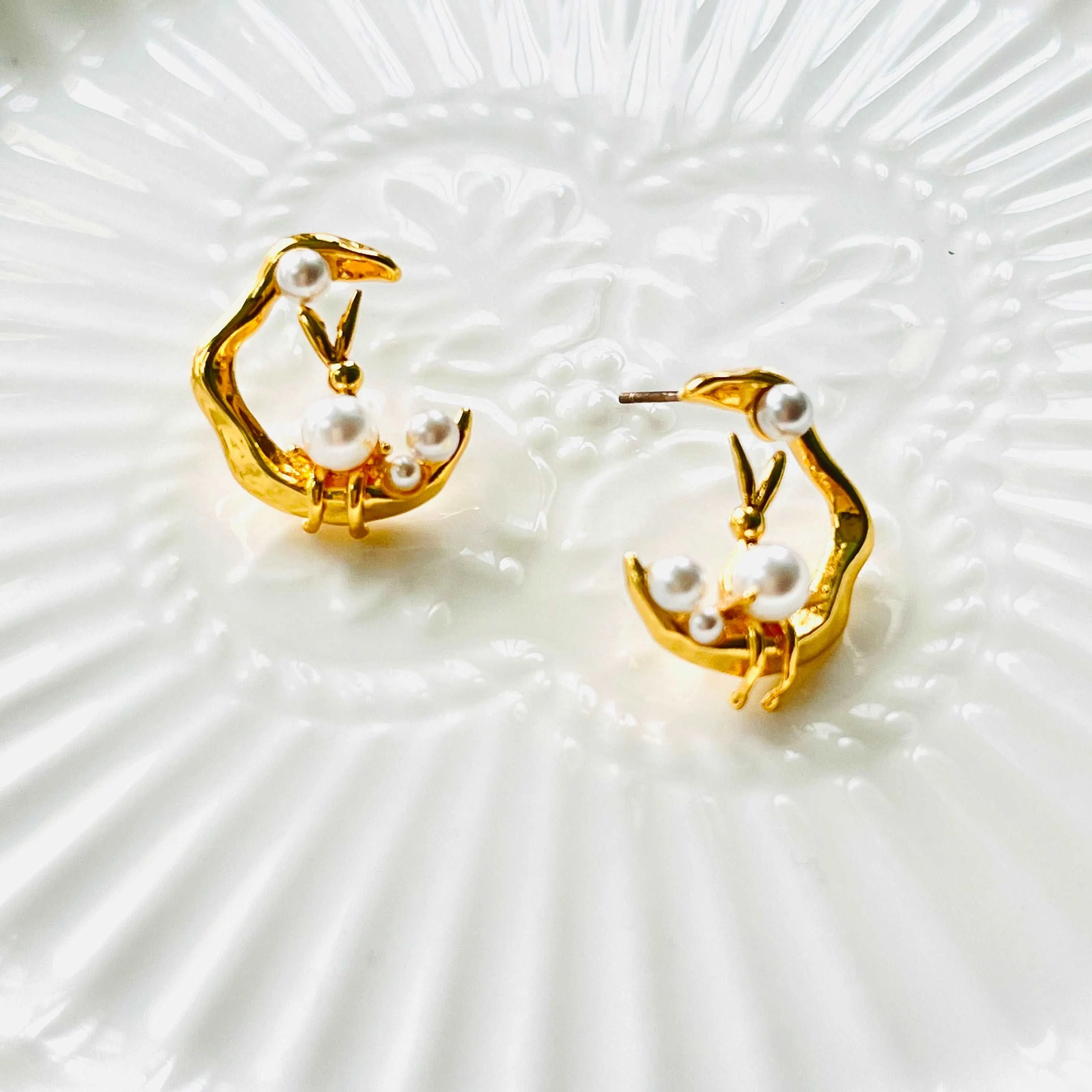 Natural Bunny In The Moon Stud Earrings