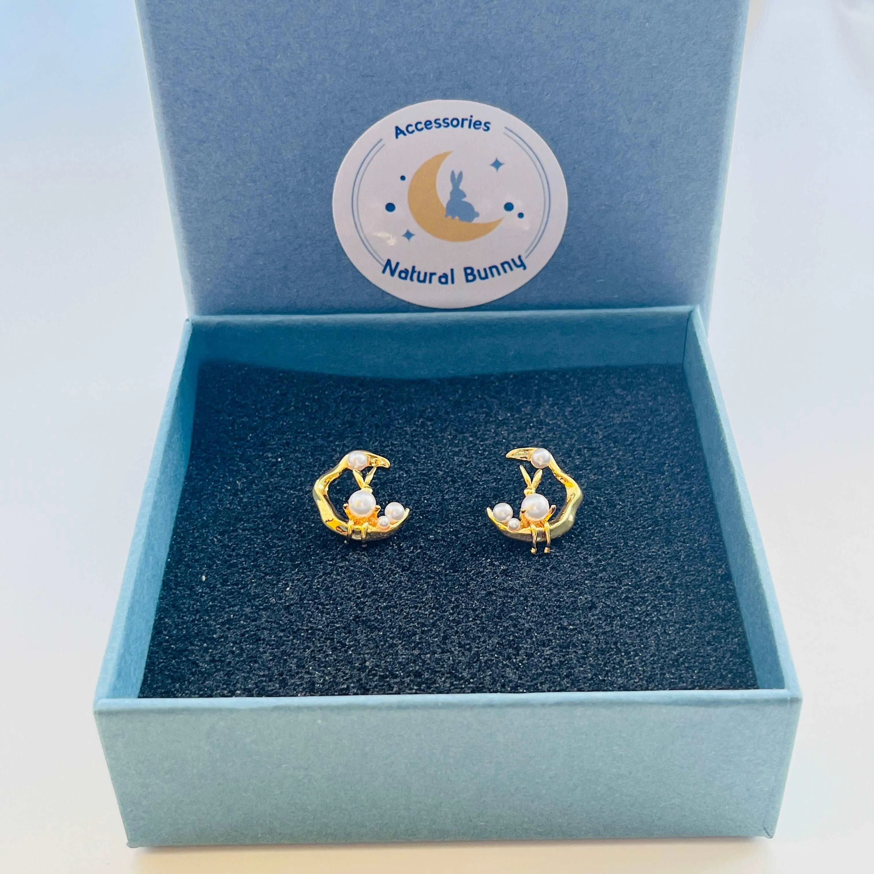 Natural Bunny In The Moon Stud Earrings