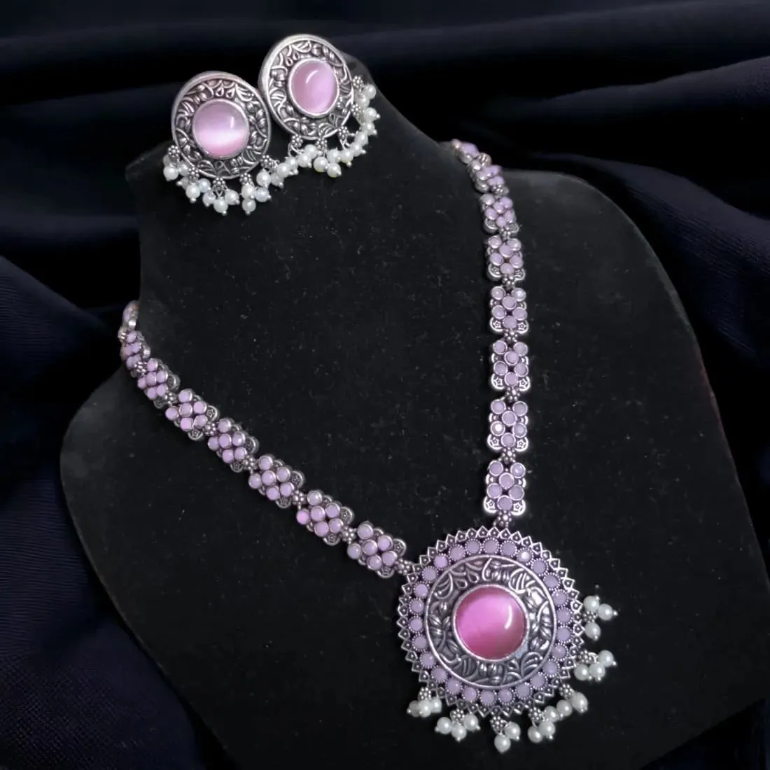 Niharika Silver Oxidized Necklace Set, Baby Pink