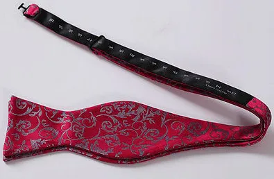 Raspberry Red and Silver Floral Silk Bowtie and Pocket Square Set